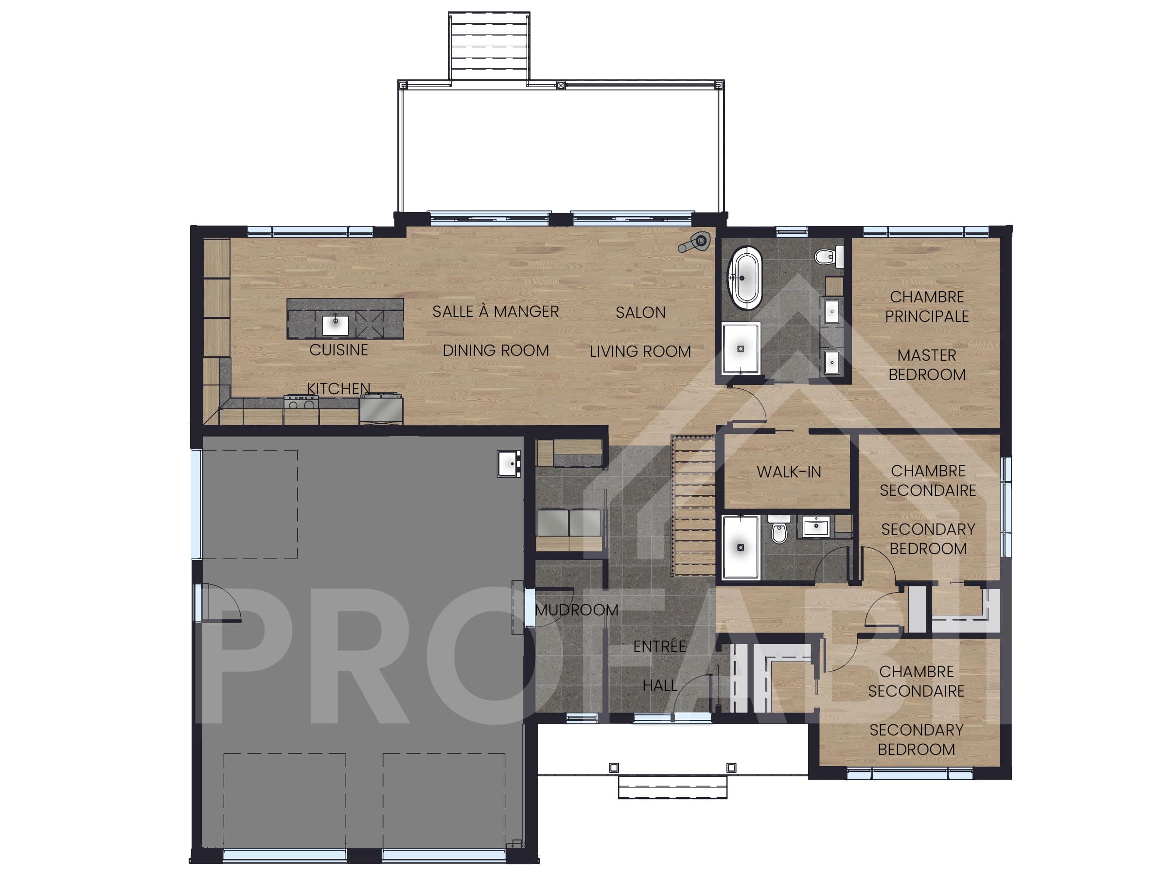 Une réalisation d'une maison ProFab d'un prestigieux plain-pied de style farmhouse contemporain construit sur mesure. Vu du plan 2d