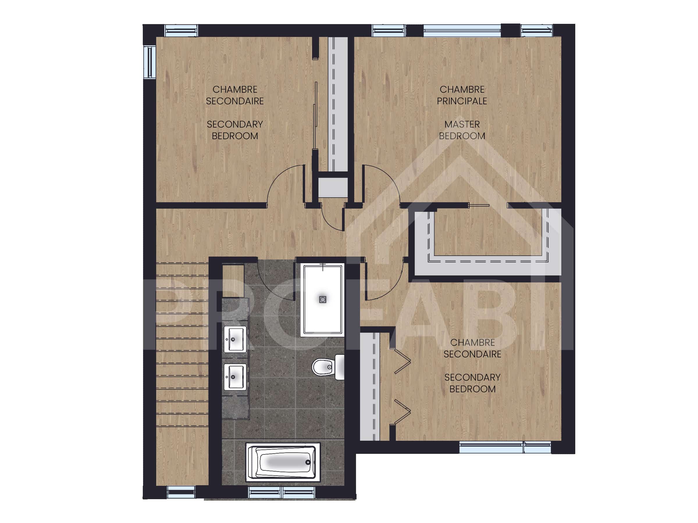 Arabica model, a modern-style two-storey house. 2D plan view.