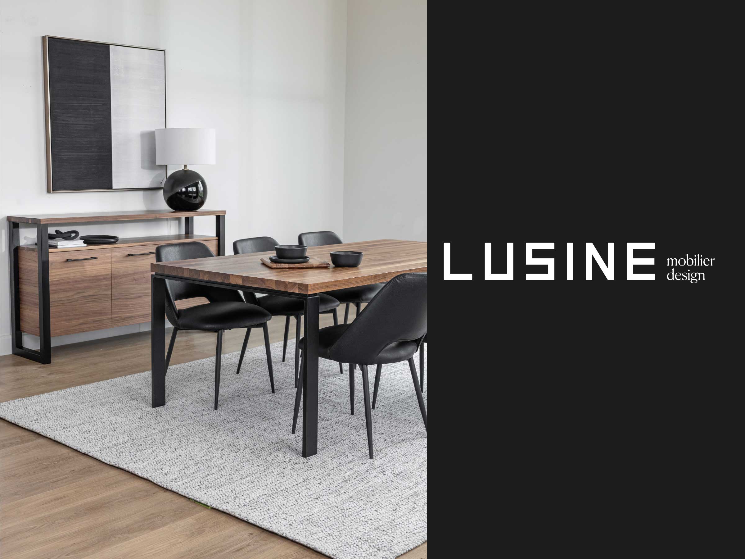 Photographie de l'ameublement de la compagnie LUSINE mobilier design. Avec leur logo en blanc