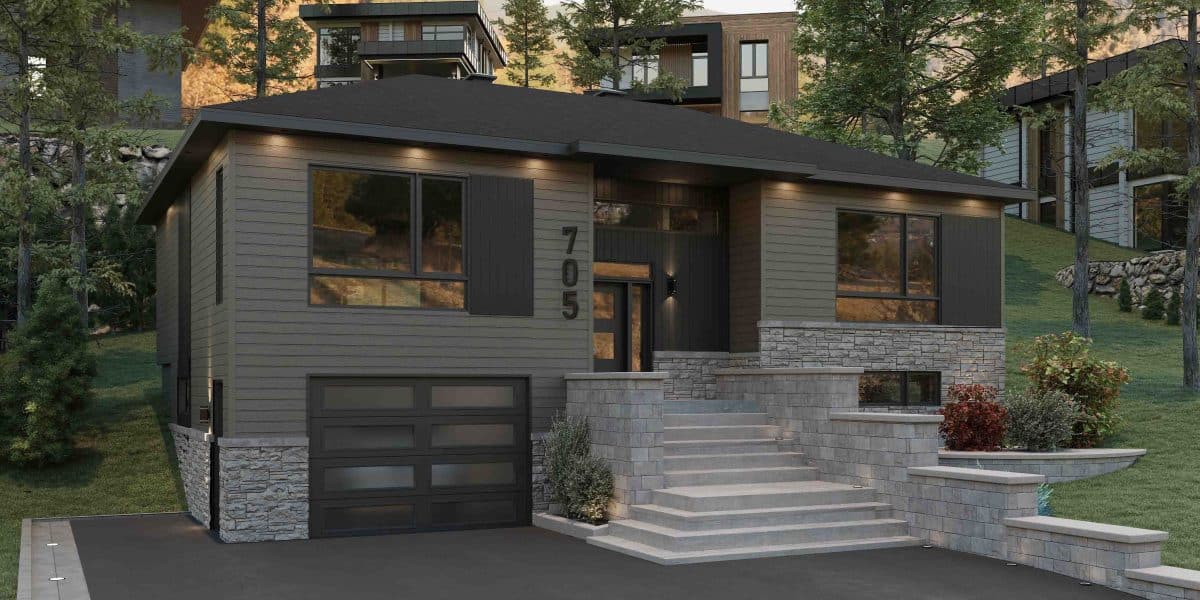 Modèle de maison à palier nommé Zénia. De Style contemporain et moderne avec une vu de l'extérieur.
