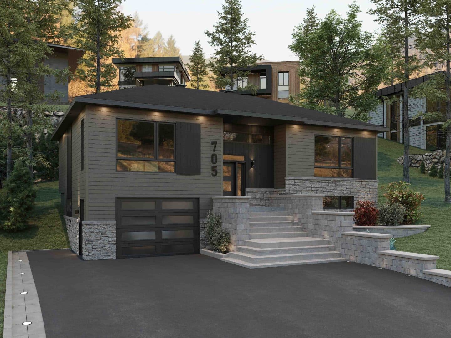 Modèle de maison à palier nommé Zénia. De Style contemporain et moderne avec une vu de l'extérieur.
