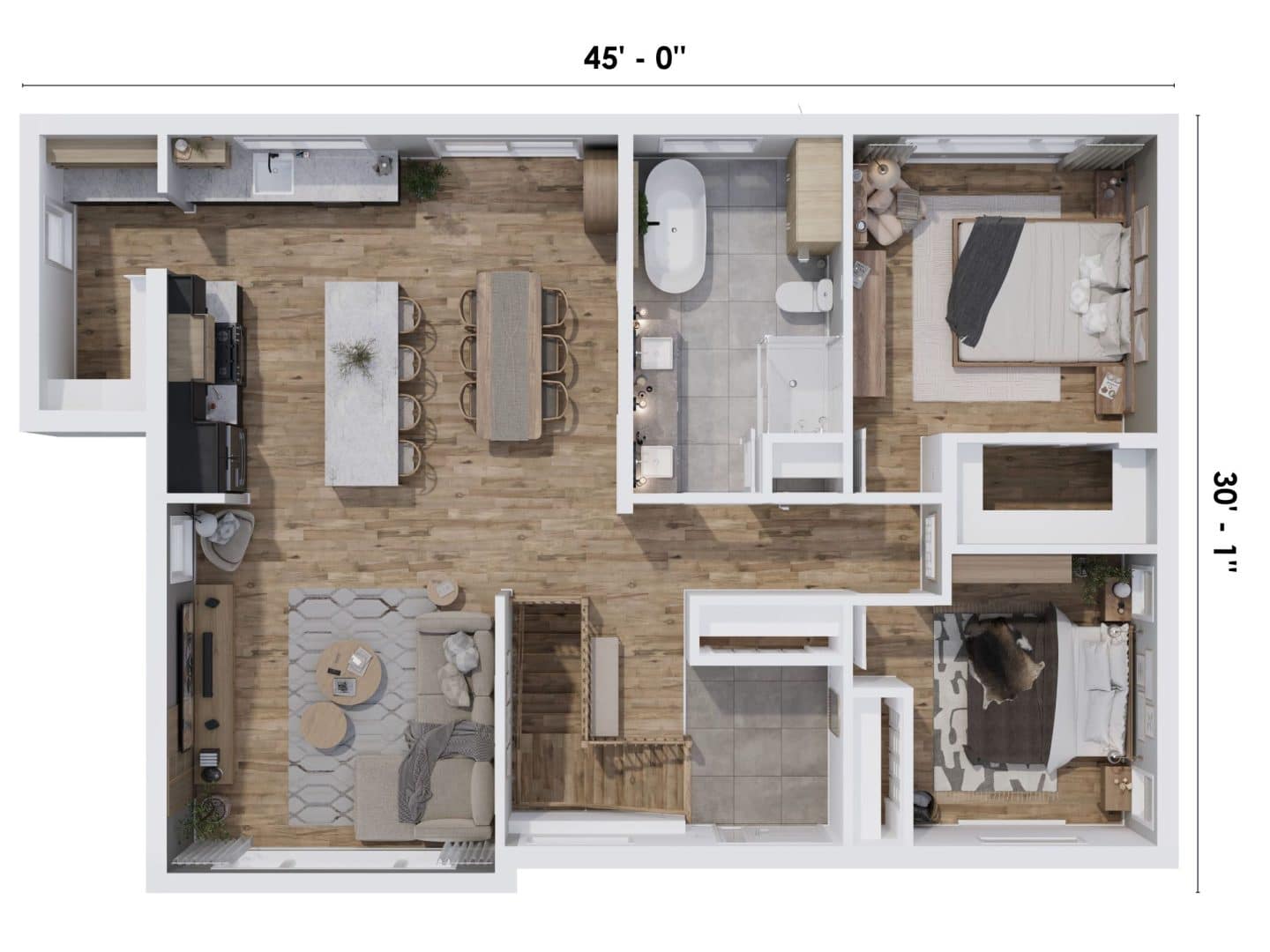Le modèle Hera est un plain-pied de style scandinave. Vue du plan 3D.