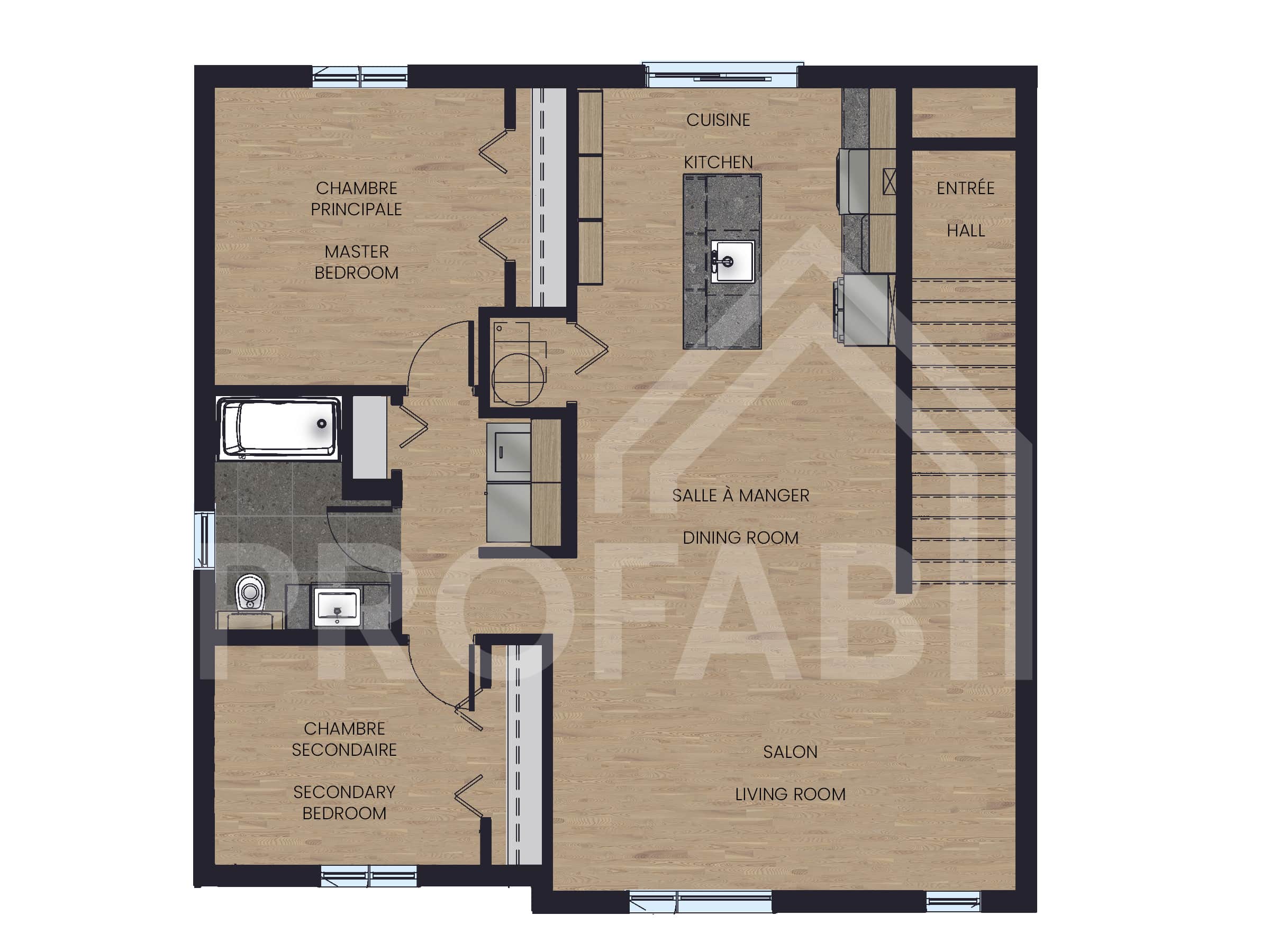 Modèle de triplex nommé Triton, des maisons qui peu être bi générationnel comme locatif de style classique. Vue du plan 3d de l'étage.