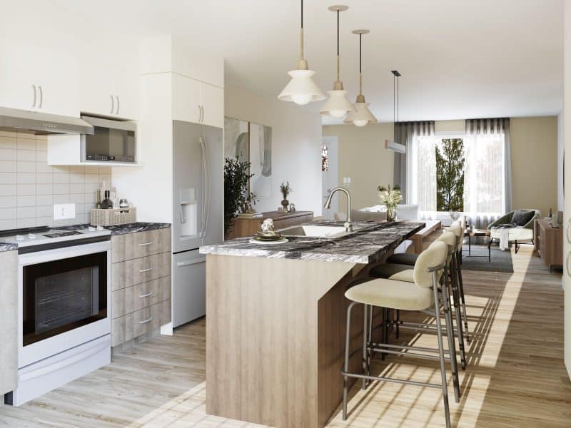 Triplex model named Triton, homes that can be bi-generational or classic-style rental. View from the kitchen.