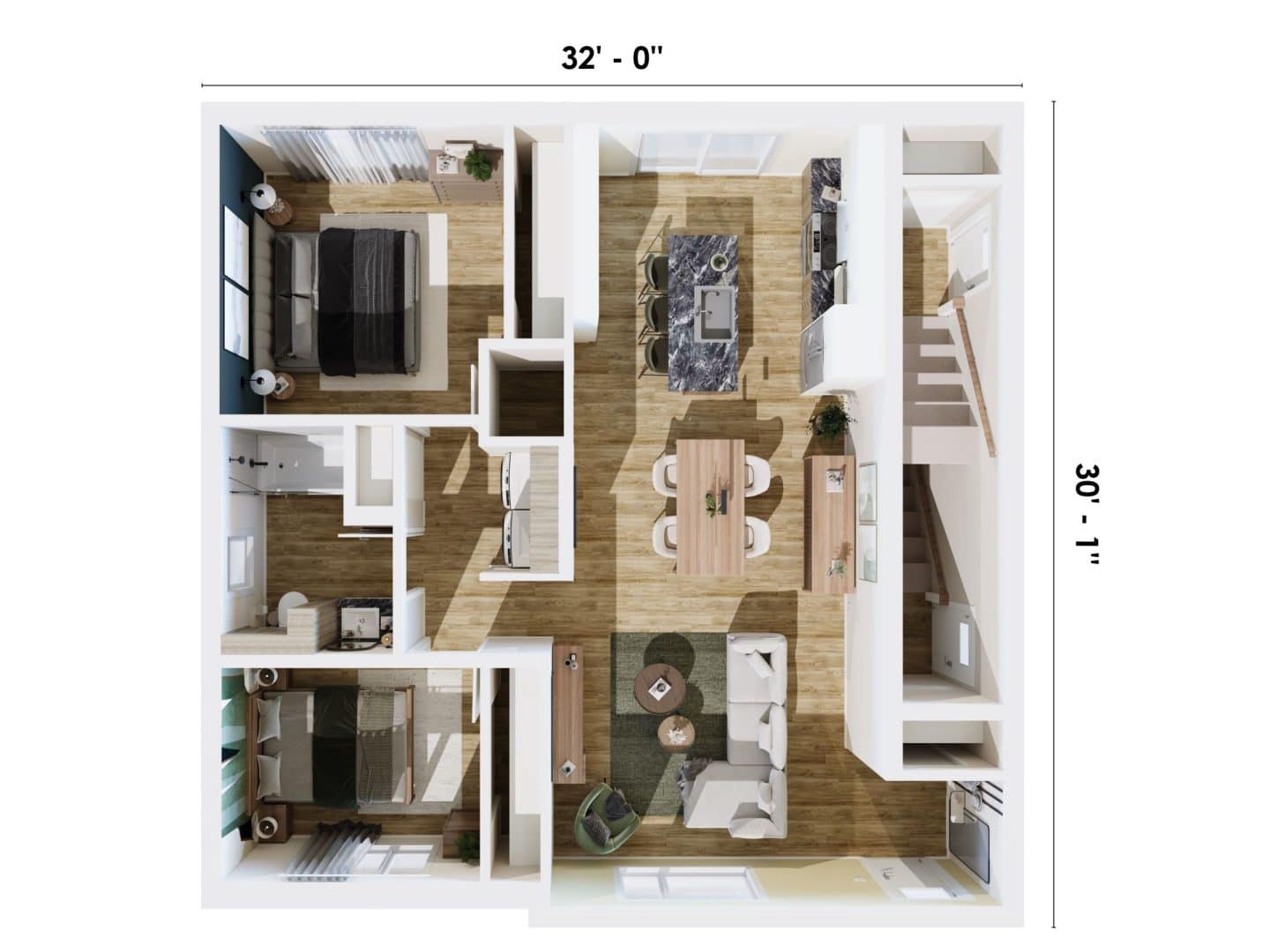 Modèle de triplex nommé Triton, des maisons qui peu être bi générationnel comme locatif de style classique. Vue du plan 3d du rez-de-chausée.