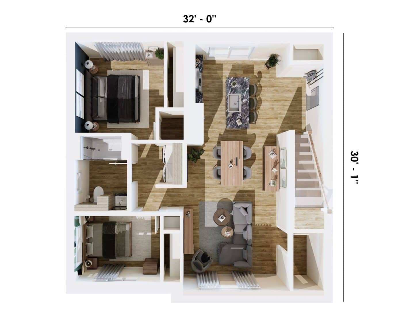Modèle de triplex nommé Triton, des maisons qui peu être bi générationnel comme locatif de style classique. Vue du plan 3d du sous-sol.