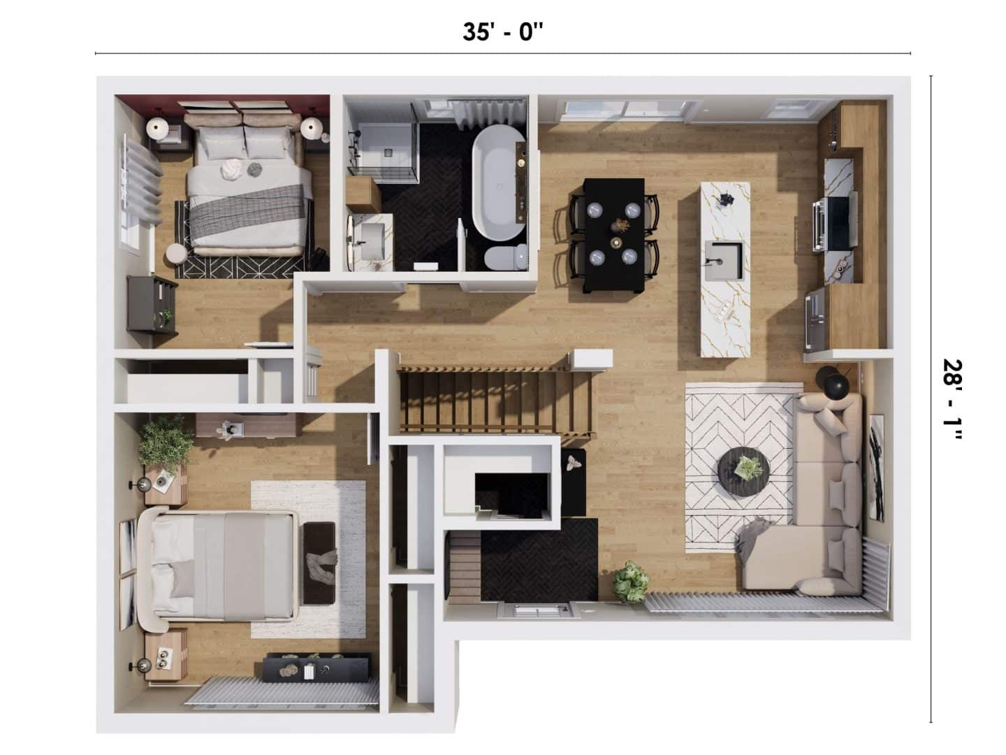 Le modèle Courtoise est un plain-pied de style Classique Farmhouse. Vue du plan 3D.