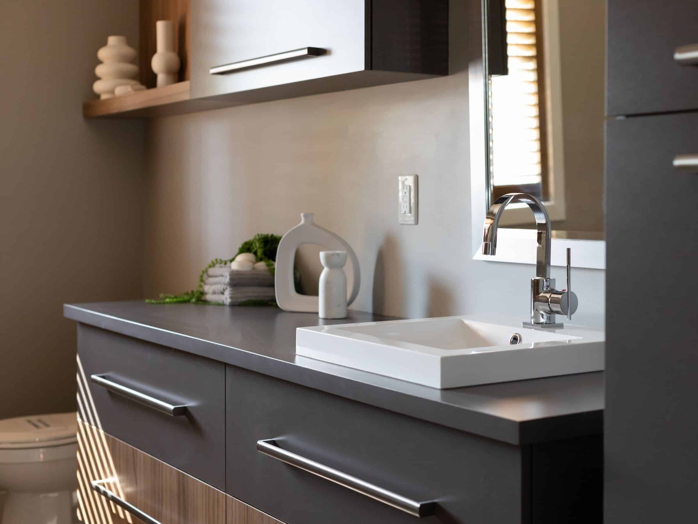 le Modèle Moretta est un plain-pied contemporain classique. Nous voyons la salle de bain.