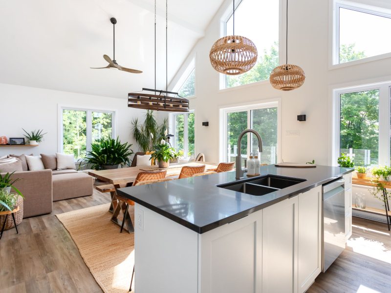 A realization of a chalet called Faucon. The second floor is classically styled, as seen from the kitchen.