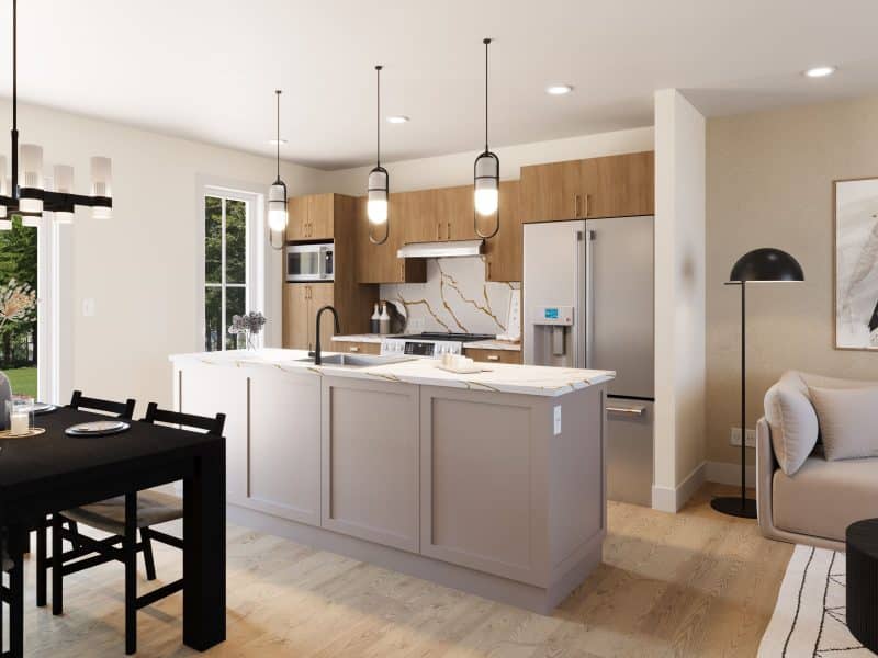 Le modèle Courtoise est un plain-pied de style Classique Farmhouse.Vue de la cuisine.