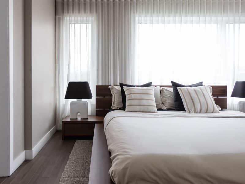 Magnifika two-storey prefabricated house in contemporary style. View of the master bedroom.