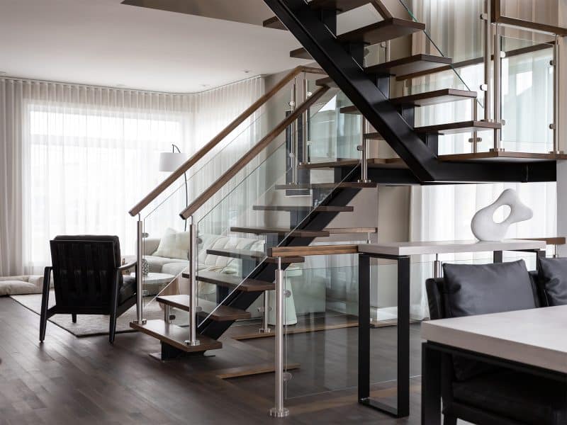 Magnifika two-storey prefabricated house in contemporary style. View of the staircase.