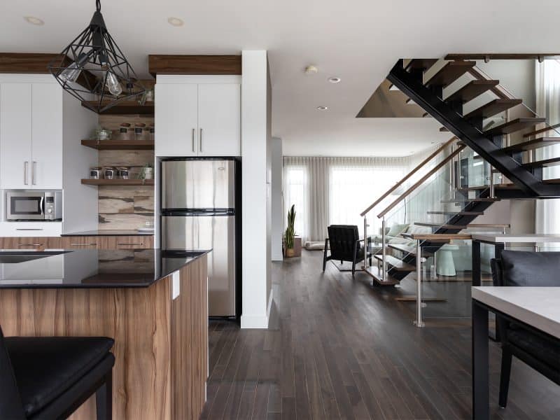 Magnifika two-storey prefabricated house in contemporary style. View from the living room.