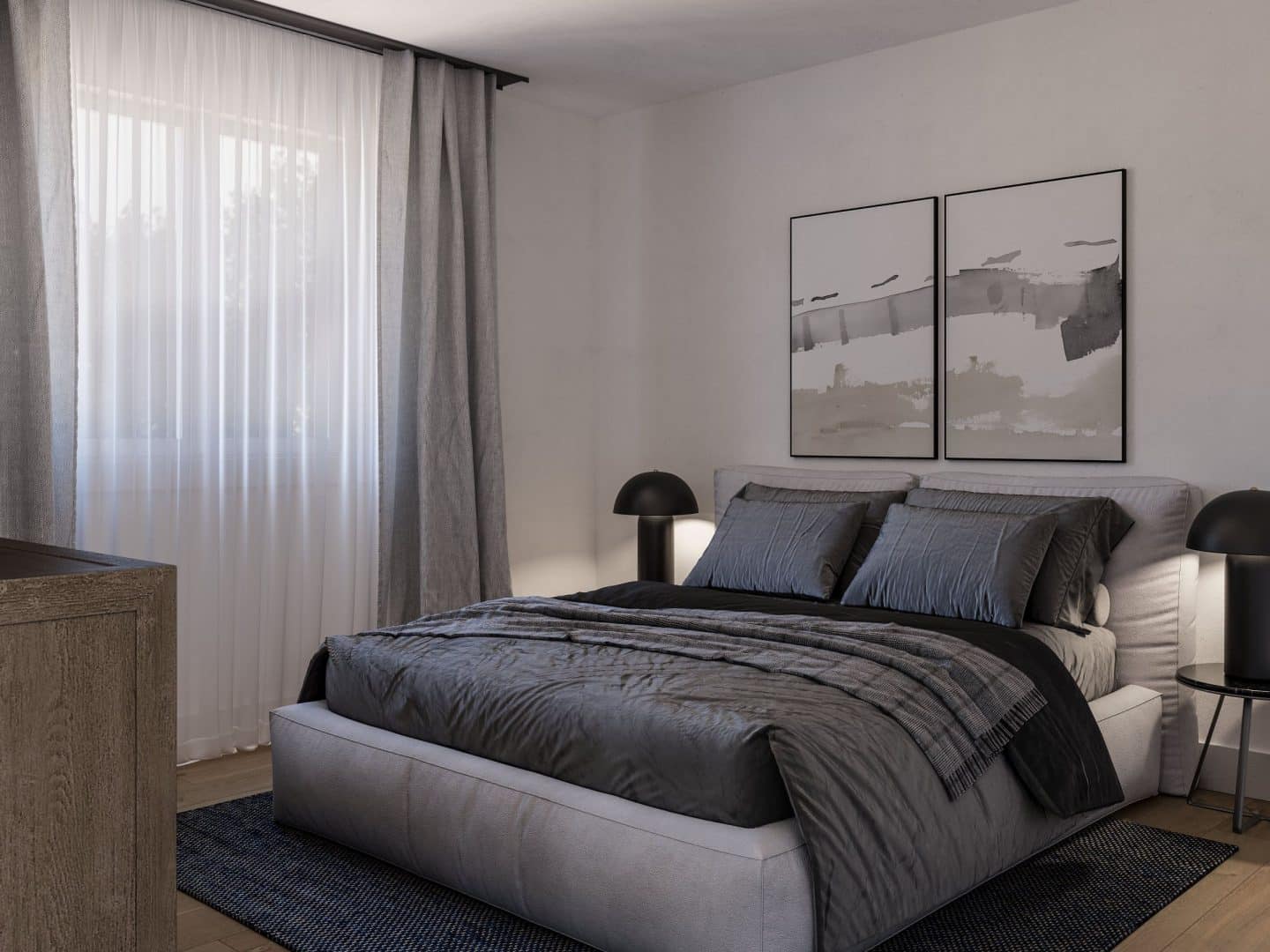Modèle de Jumelé de type maison à palier nommé Magistral. De Style contemporain et moderne avec une vu de la chambre des maîtres.
