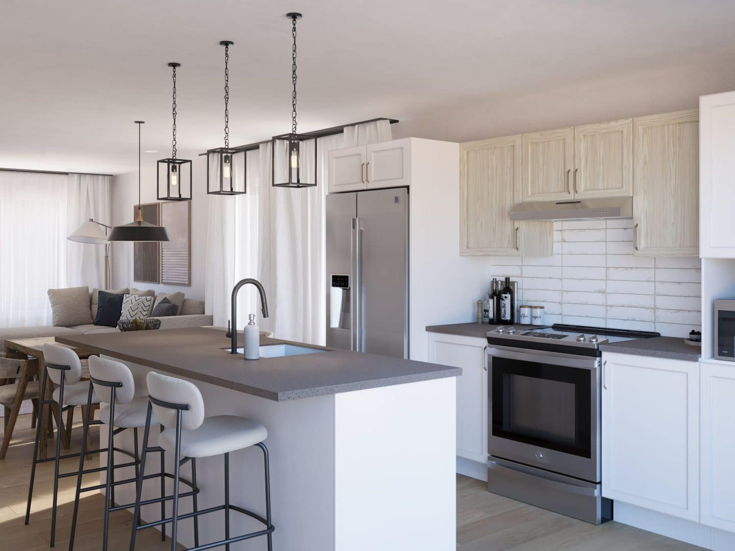 Modèle de Jumelé de type maison à palier nommé Magistral. De Style contemporain et moderne avec une vu de la cuisine