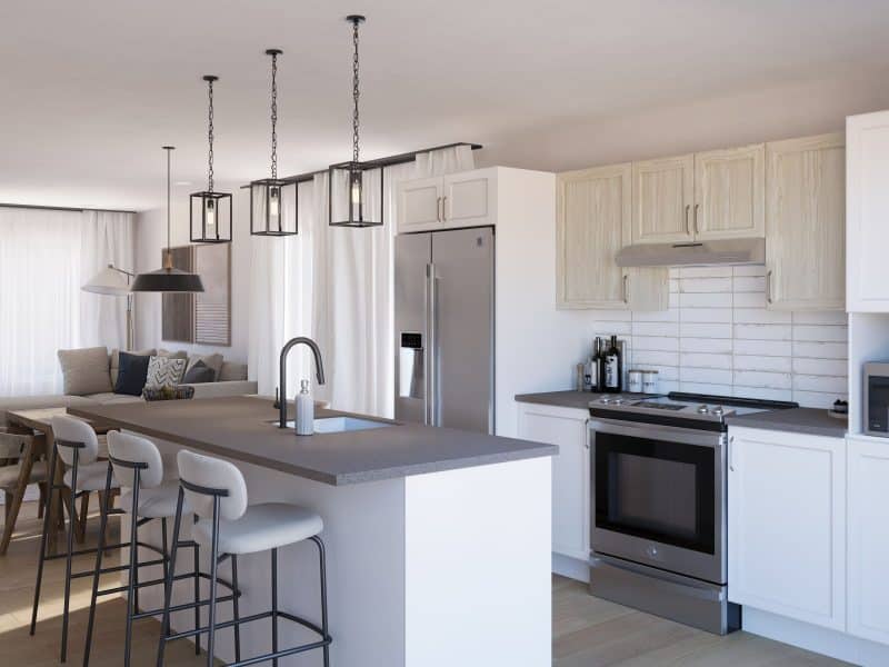 Modèle de Jumelé de type maison à palier nommé Magistral. De Style contemporain et moderne avec une vu de la cuisine