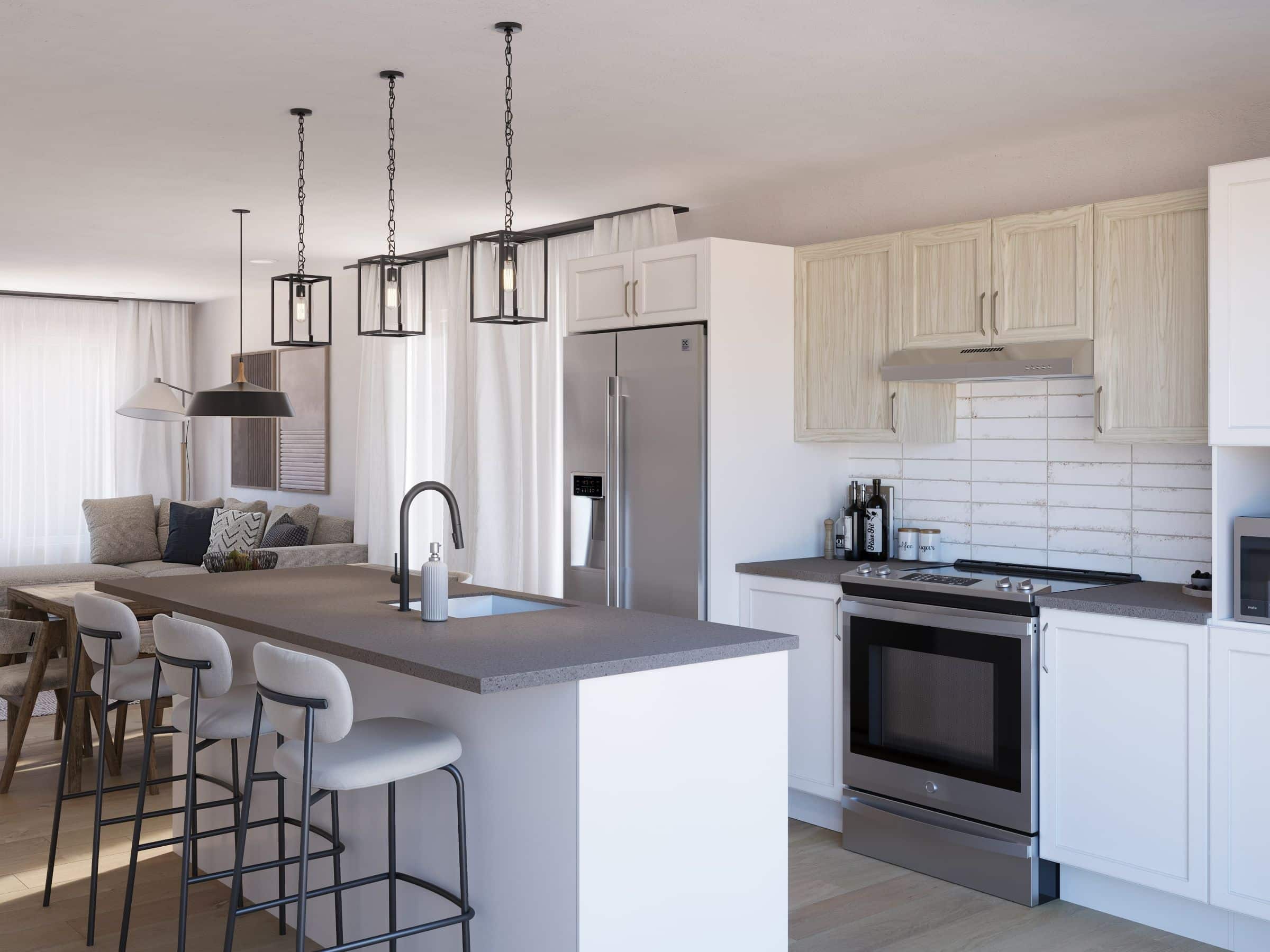 Modèle de Jumelé de type maison à palier nommé Magistral. De Style contemporain et moderne avec une vu de la cuisine