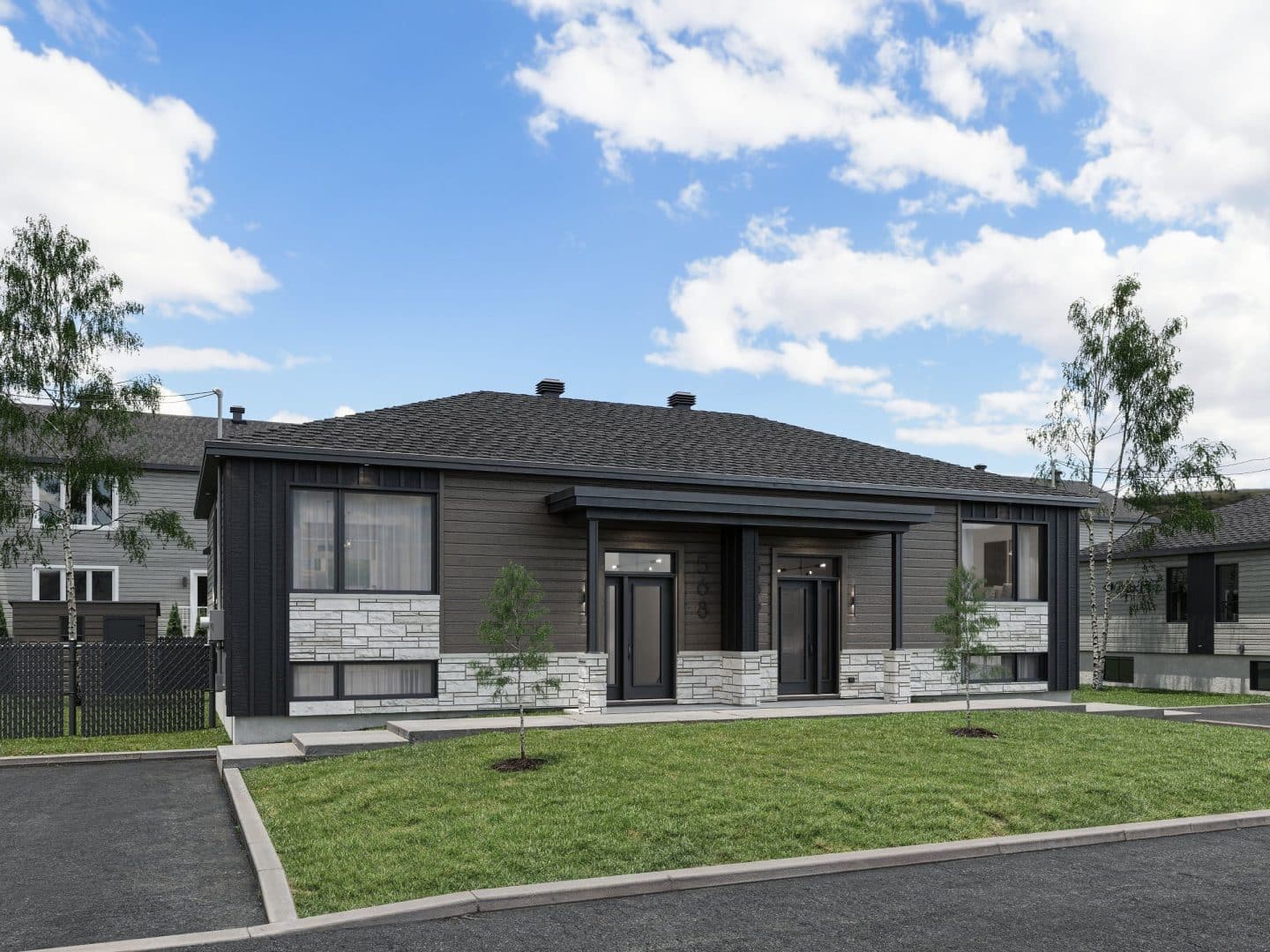 Modèle de Jumelé de type maison à palier nommé Magistral. De Style contemporain et moderne avec une vu de l'extérieur.