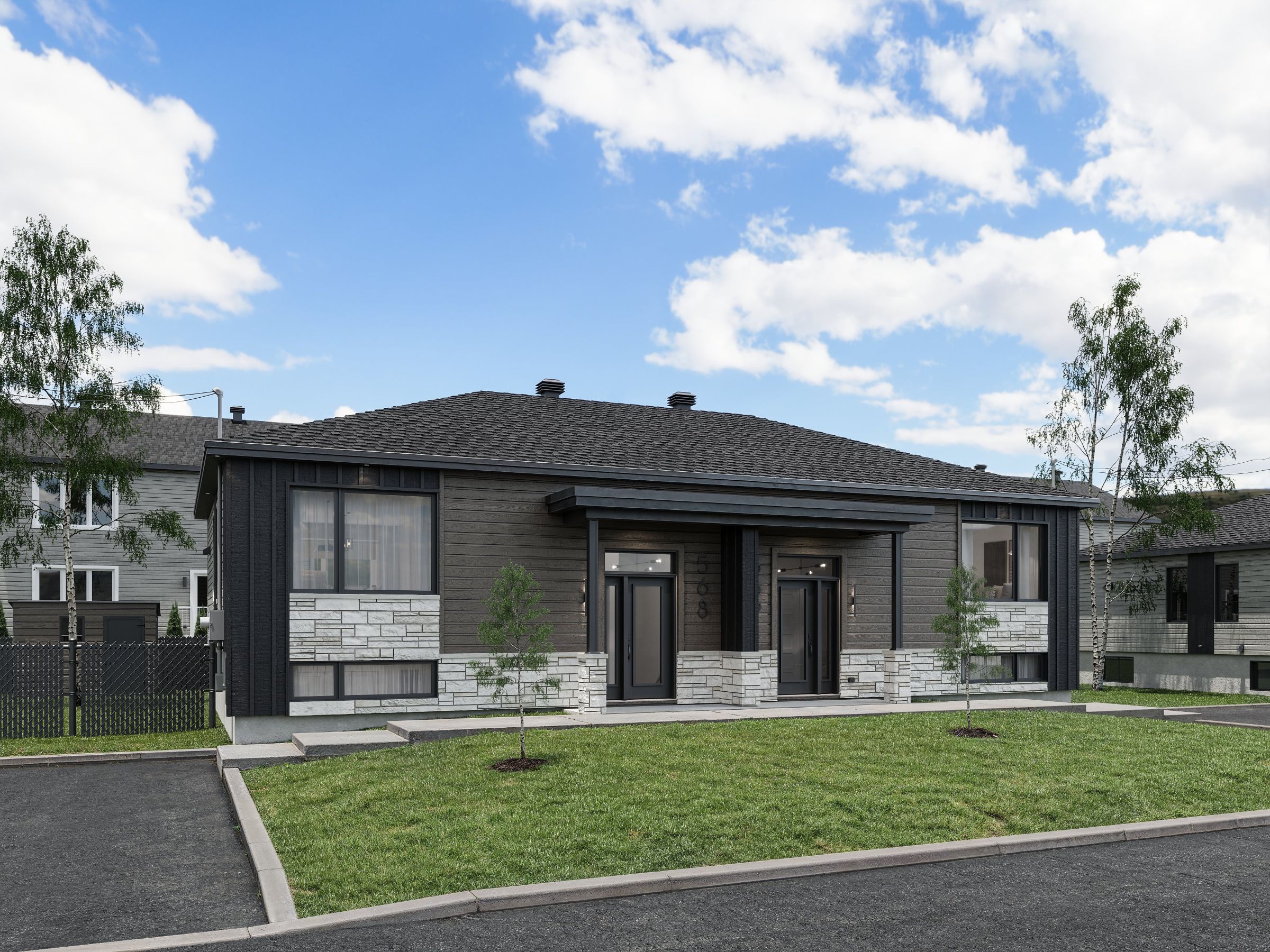 Modèle de Jumelé de type maison à palier nommé Magistral. De Style contemporain et moderne avec une vu de l'extérieur.