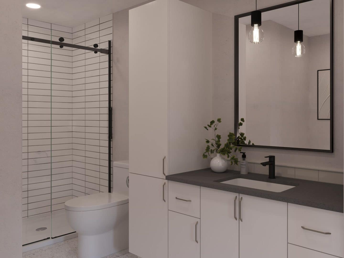 Modèle de Jumelé de type maison à palier nommé Magistral. De Style contemporain et moderne avec une vu de la salle de bain.