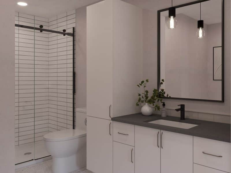 Modèle de Jumelé de type maison à palier nommé Magistral. De Style contemporain et moderne avec une vu de la salle de bain.