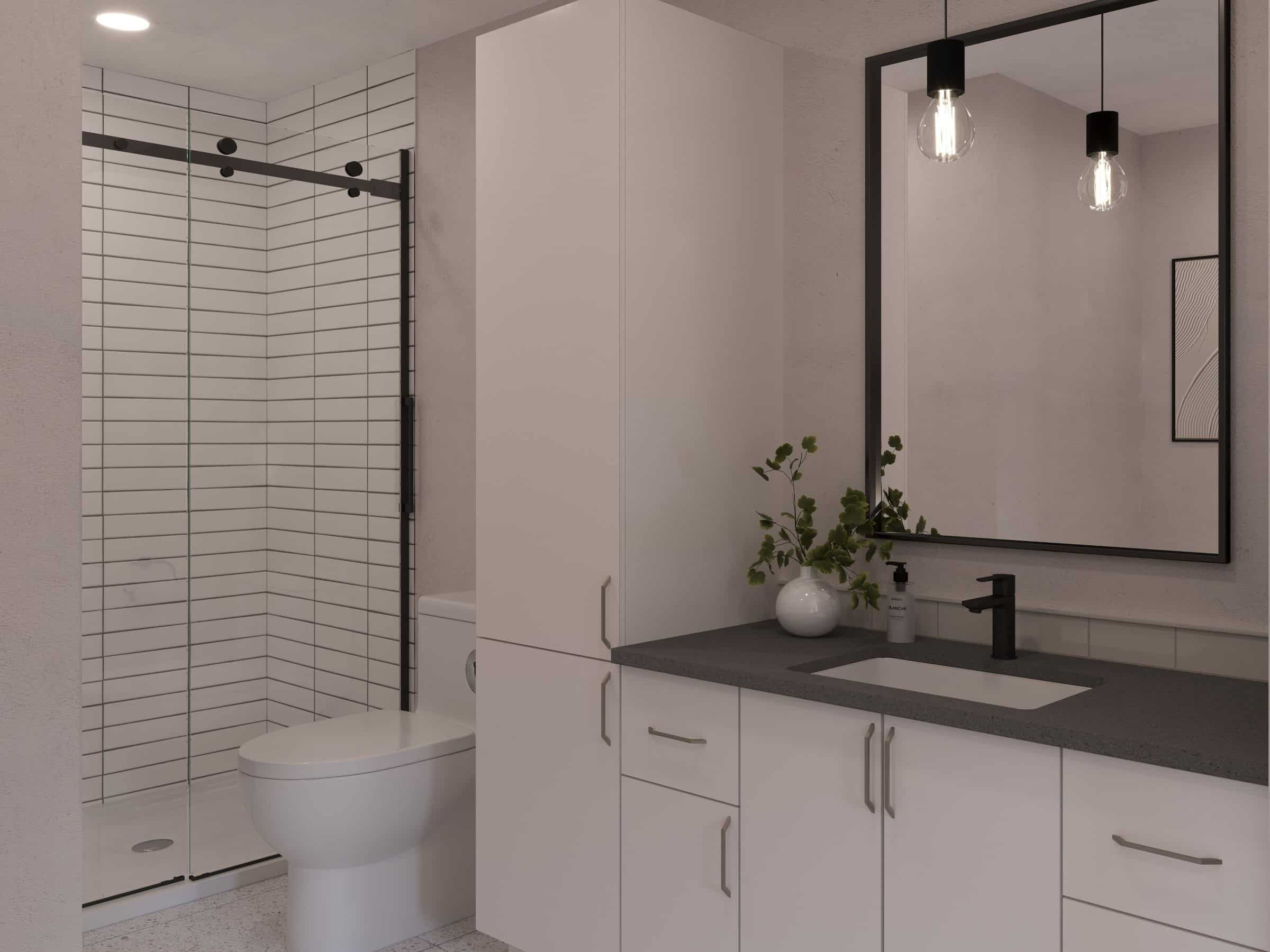 Modèle de Jumelé de type maison à palier nommé Magistral. De Style contemporain et moderne avec une vu de la salle de bain.
