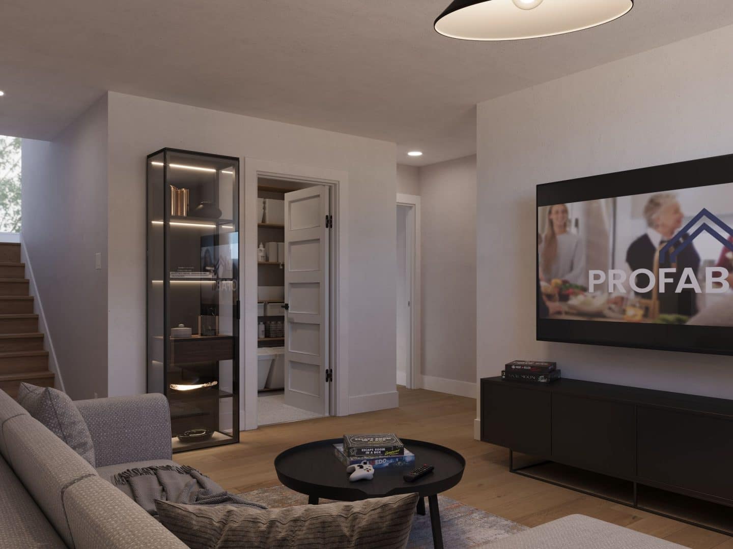 Modèle de Jumelé de type maison à palier nommé Magistral. De Style contemporain et moderne avec une vu du salon au sous-sol.