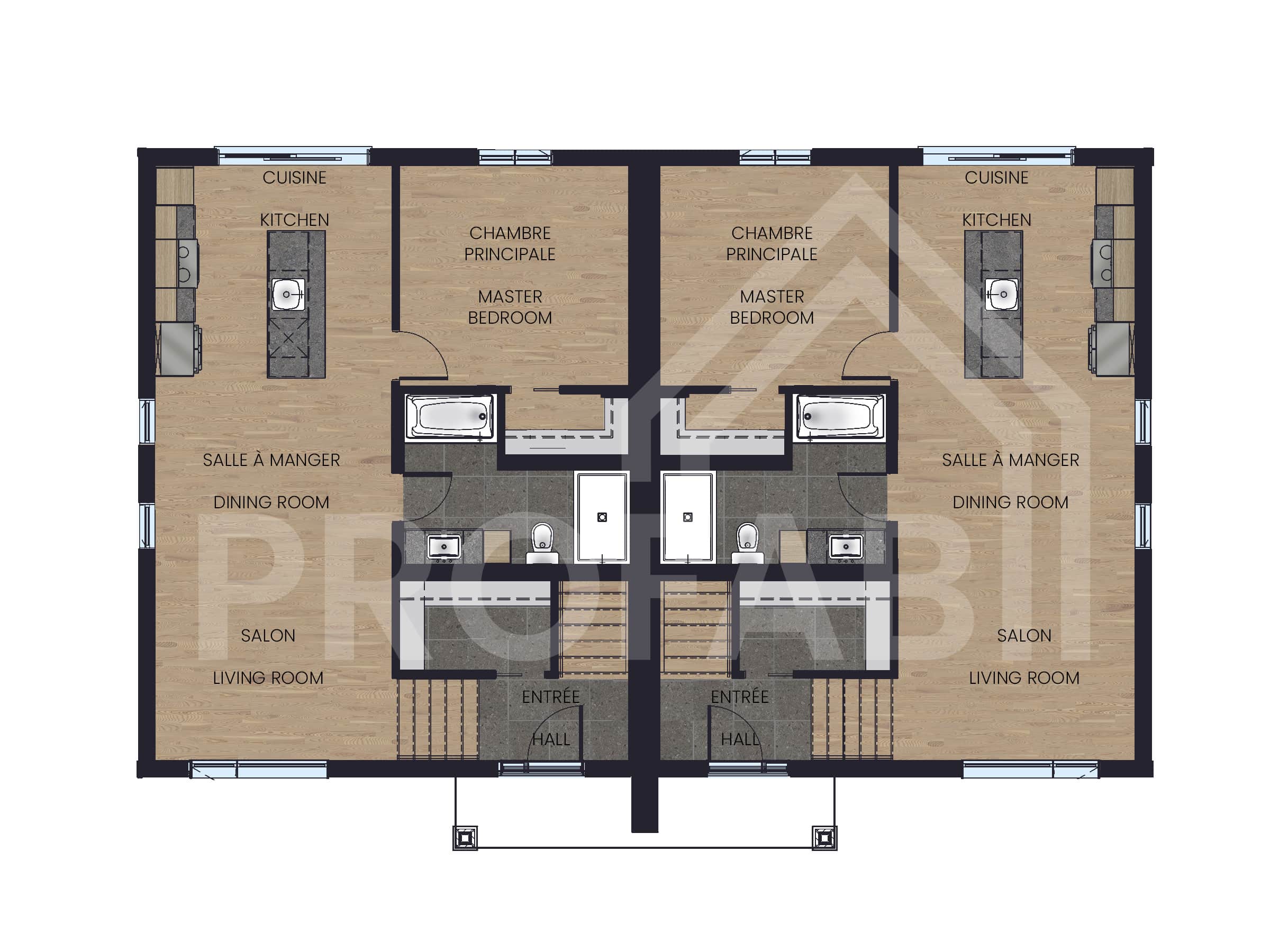 Modèle de Jumelé de type maison à palier nommé Magistral. De Style contemporain et moderne avec une vu du plan 2d.