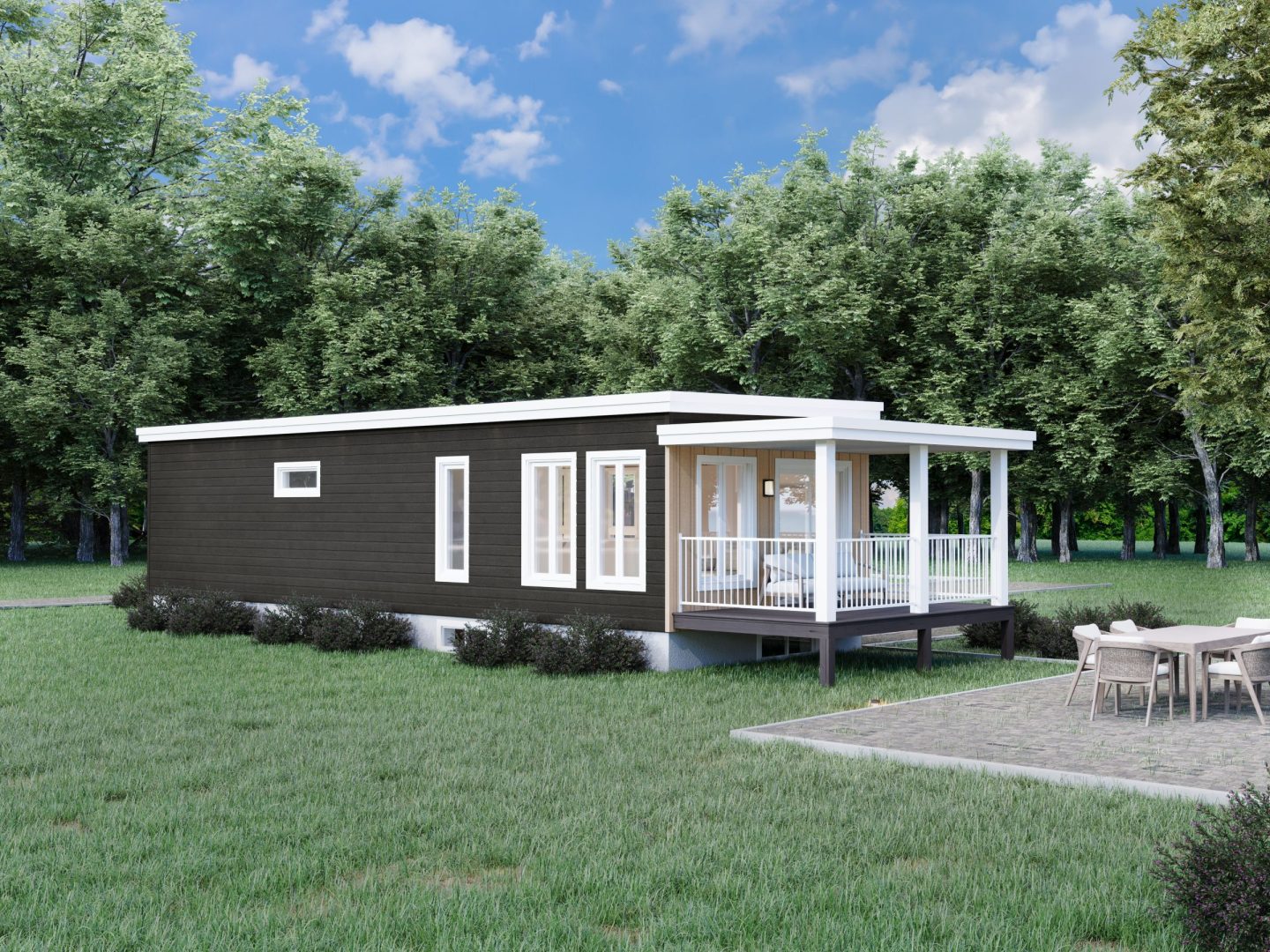 Le modèle Albizia est un plain-pied micro habitation de style contemporain. Vue de l'extérieur arrière.