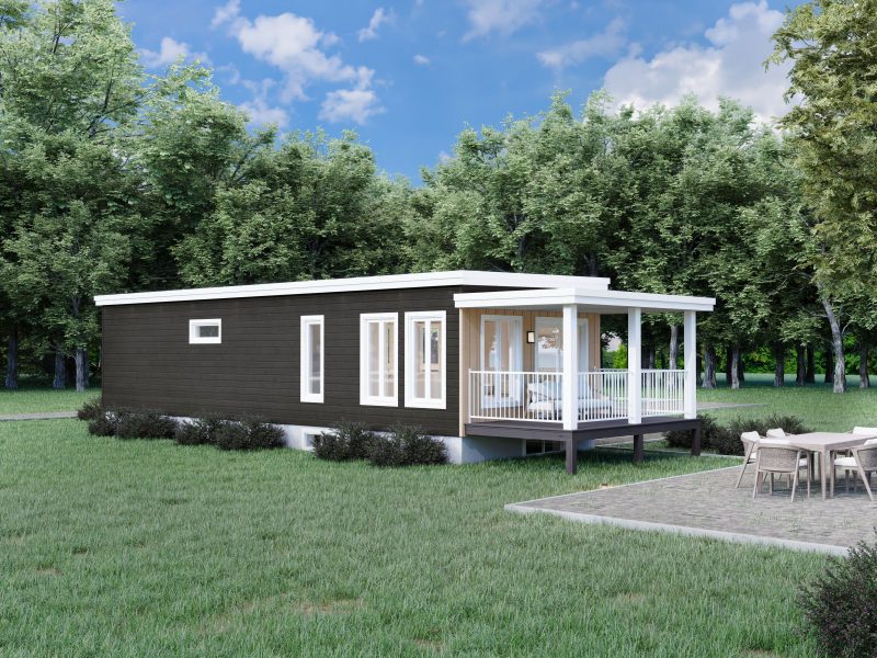 Le modèle Albizia est un plain-pied micro habitation de style contemporain. Vue de l'extérieur arrière.