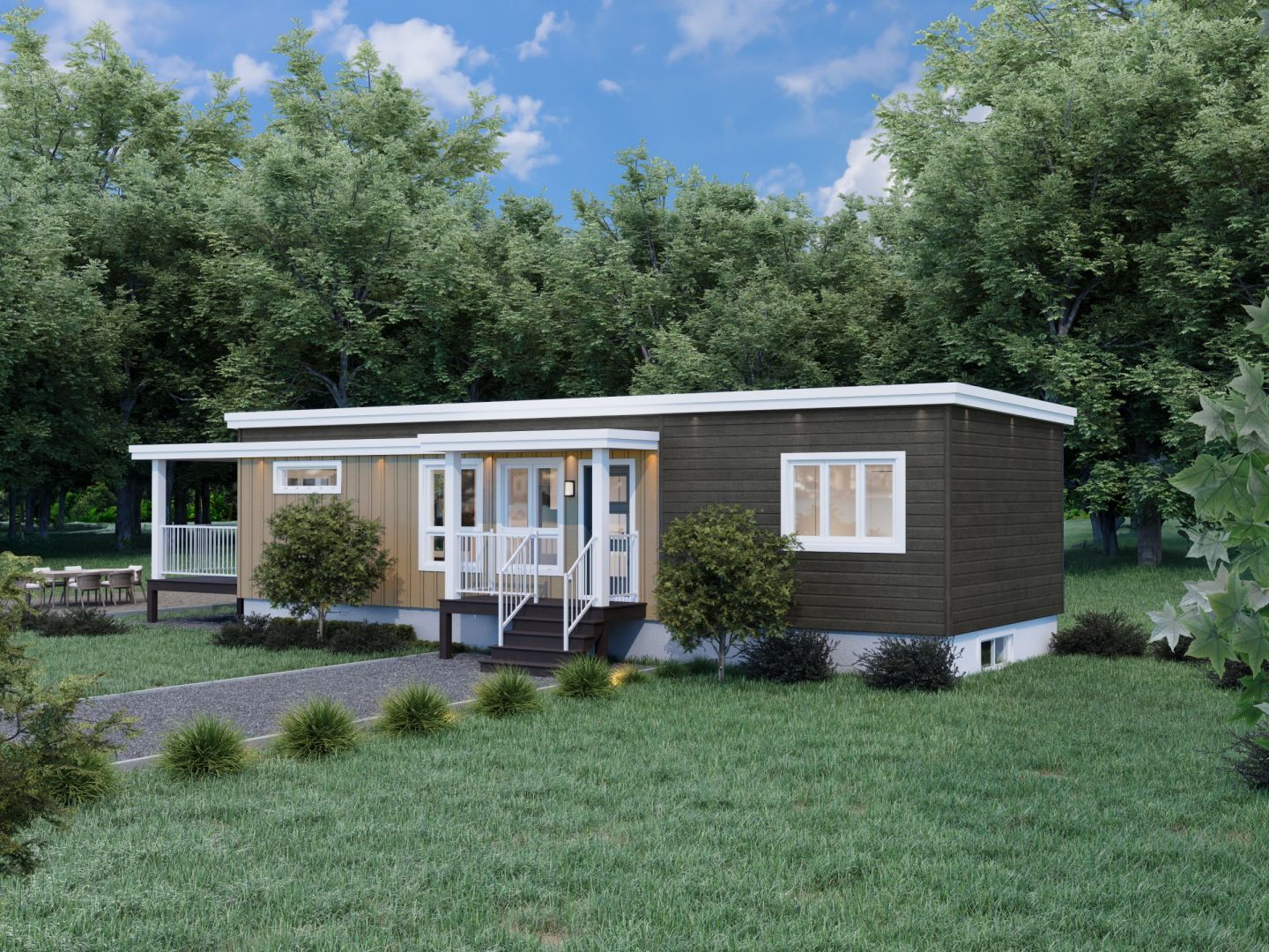 Le modèle Albizia est un plain-pied micro habitation de style contemporain. Vue de l'extérieur avant.