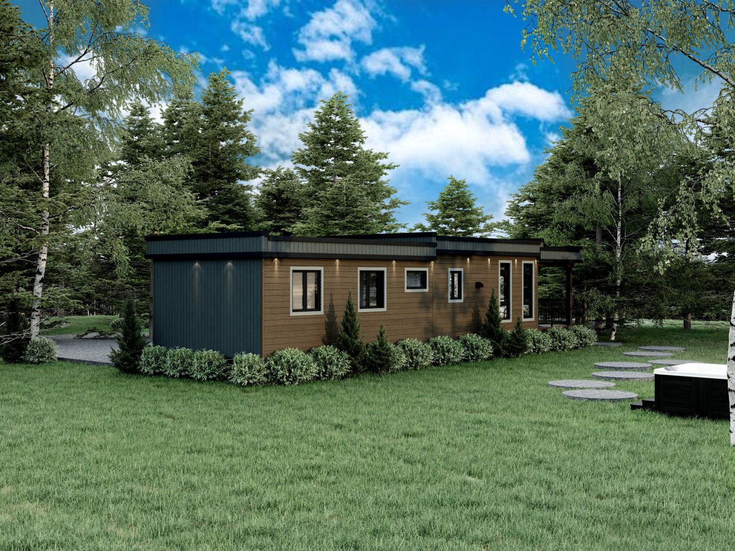 Le modèle Carya est un plain-pied micro habitation de style contemporain. Vue de l'extérieur arrière.