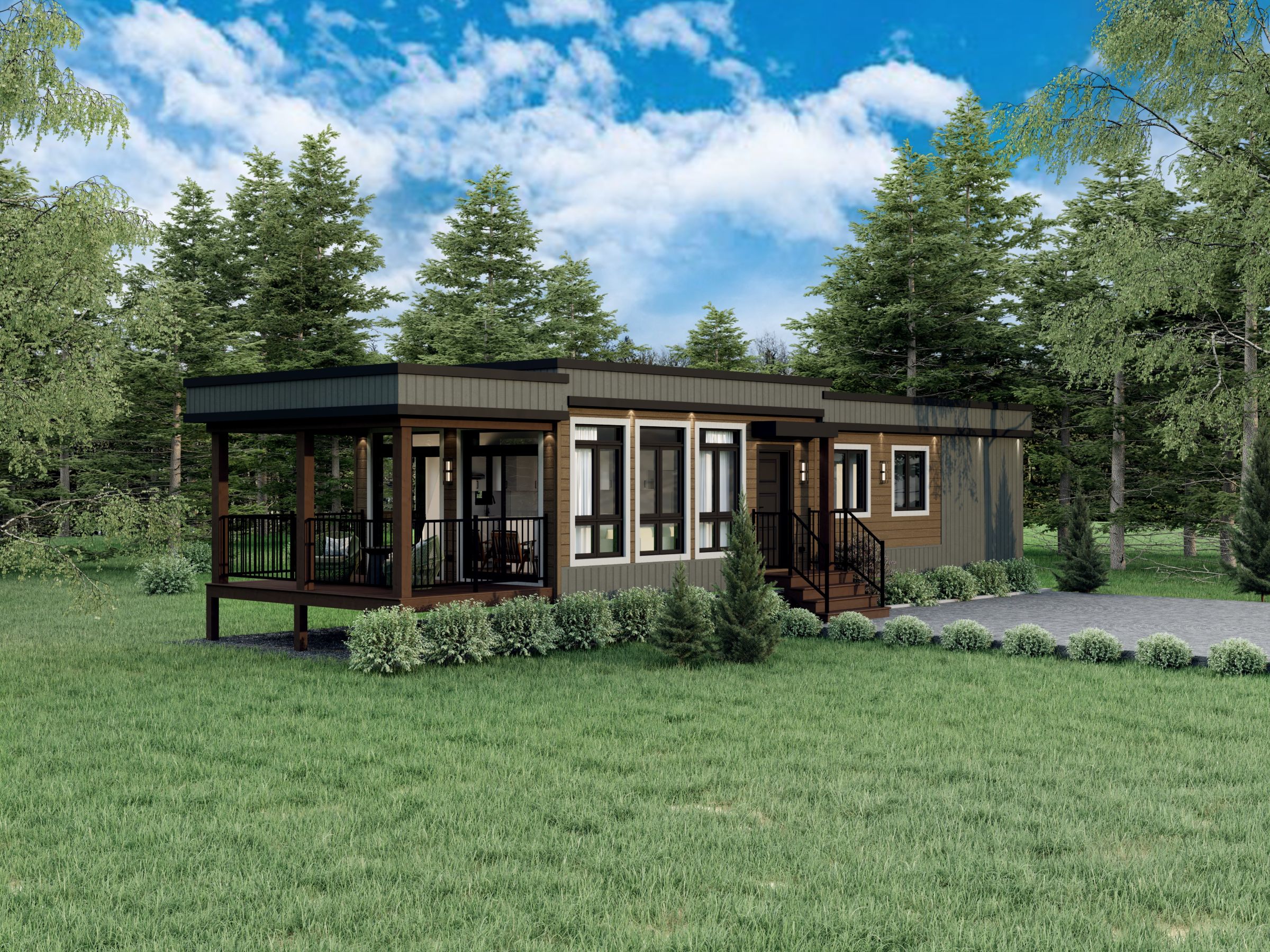 Le modèle Carya est un plain-pied micro habitation de style contemporain. Vue de l'extérieur avant.