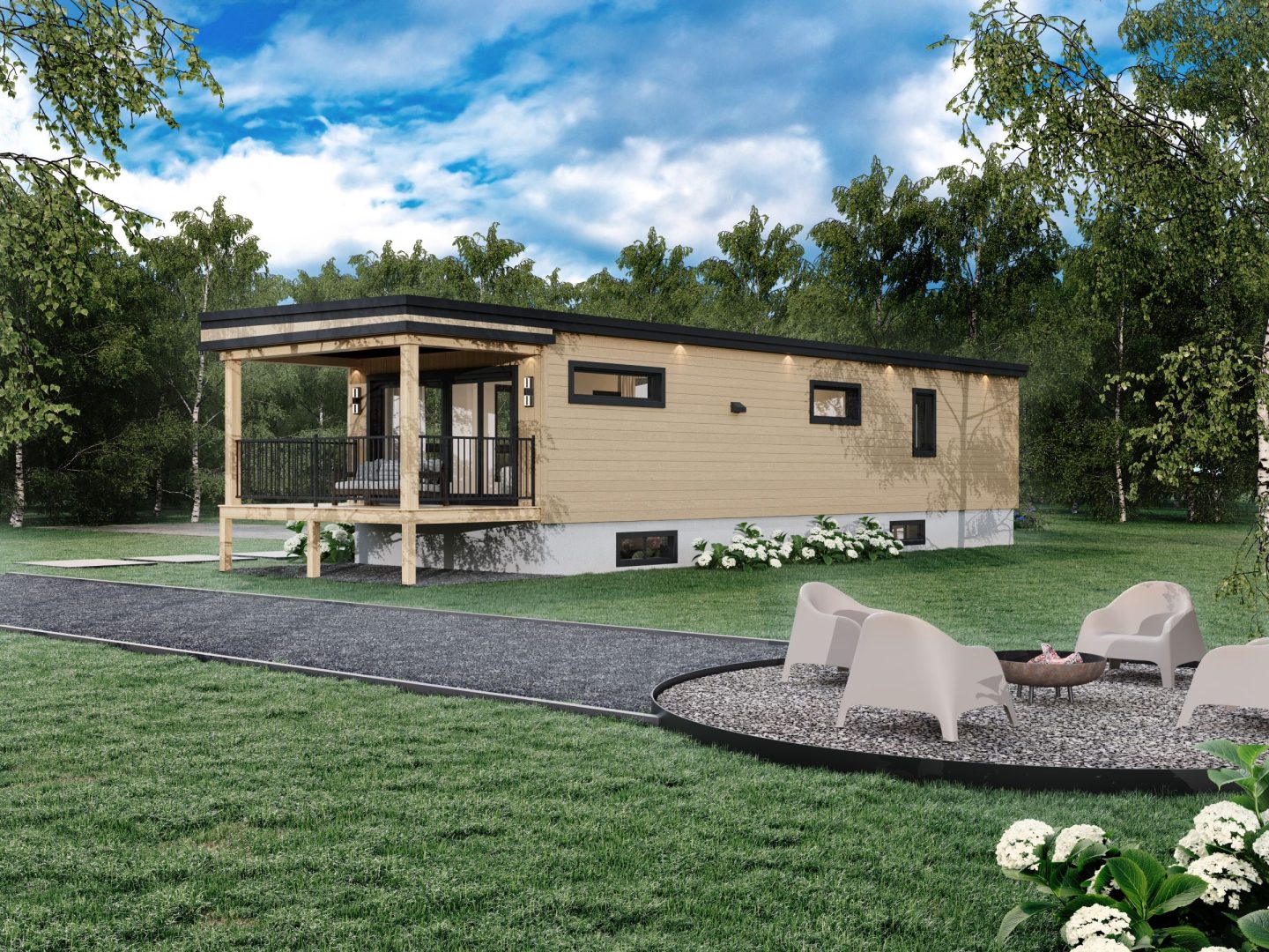 Le modèle Cedra est un plain-pied micro habitation de style contemporain. Vue de l'extérieur arrière.