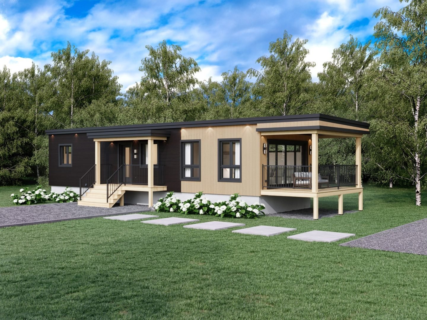 Le modèle Cedra est un plain-pied micro habitation de style contemporain. Vue de l'exterieur avant.