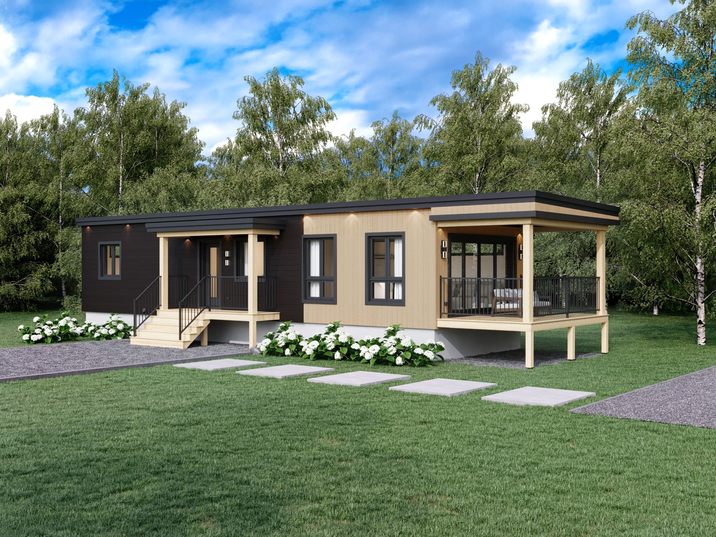 Le modèle Cedra est un plain-pied micro habitation de style contemporain. Vue de l'exterieur avant.