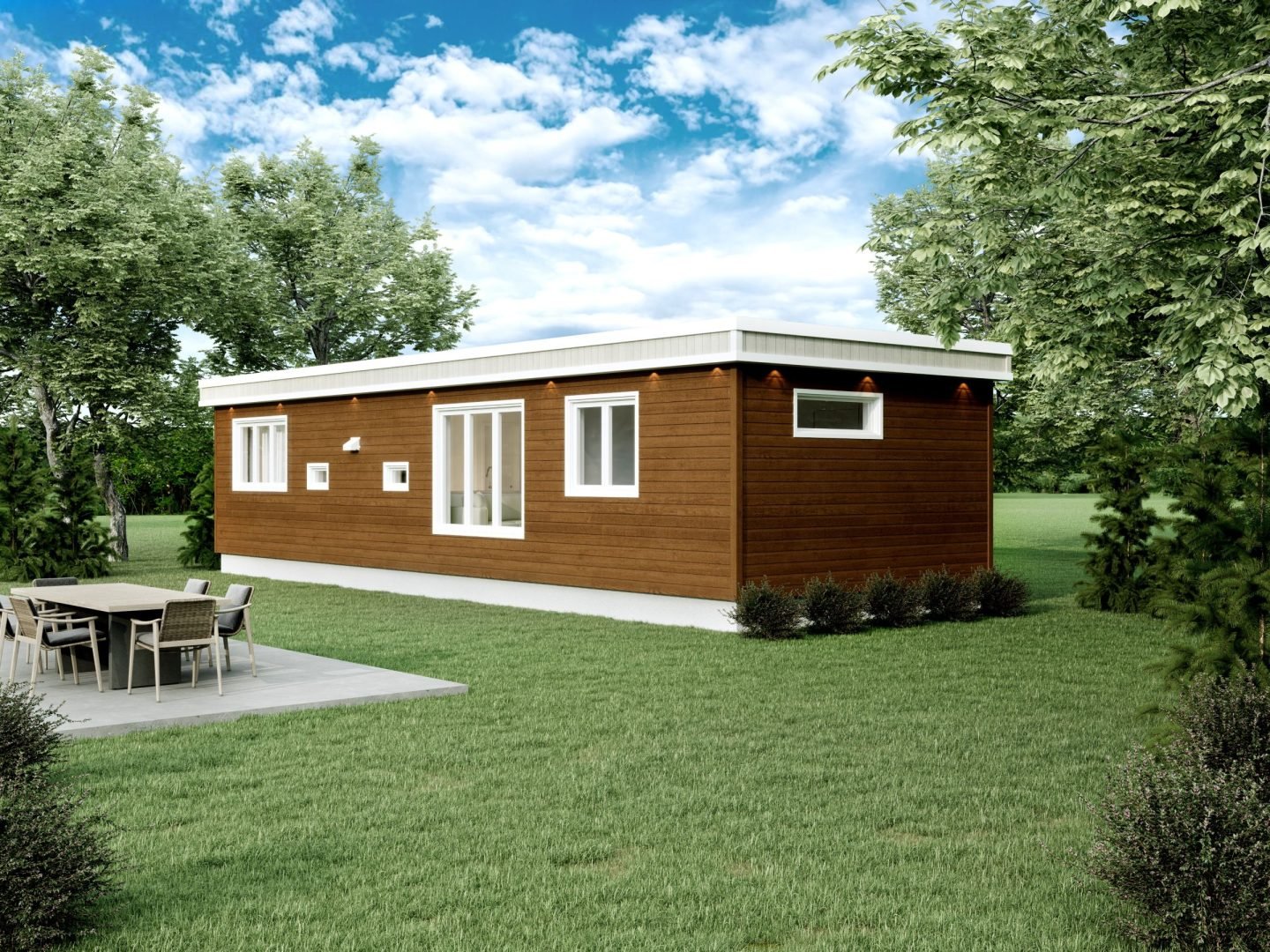 Le modèle Kercia est un plain-pied micro habitation de style contemporain. Vue de l'extérieur arrière.