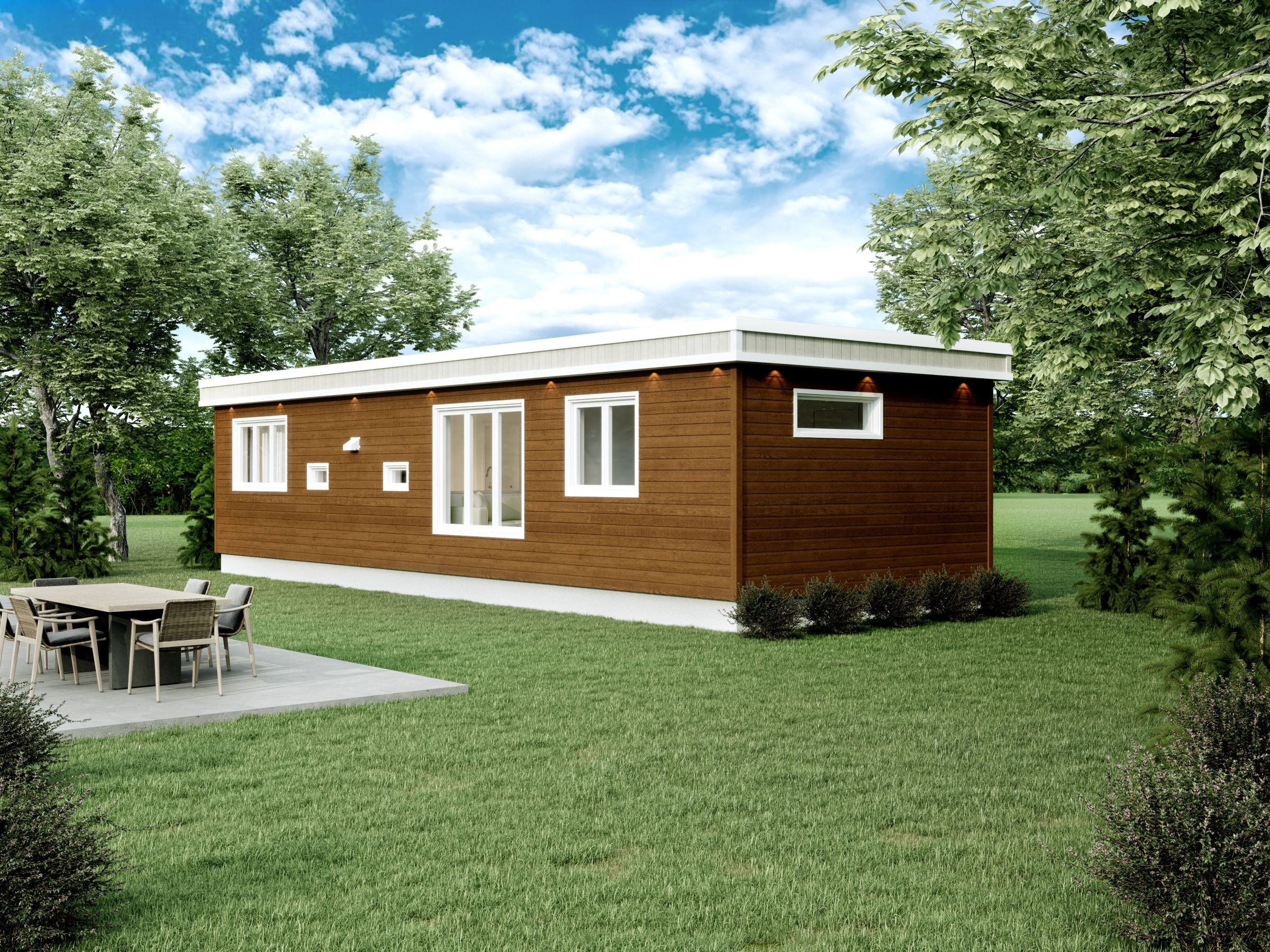 Le modèle Kercia est un plain-pied micro habitation de style contemporain. Vue de l'extérieur arrière.