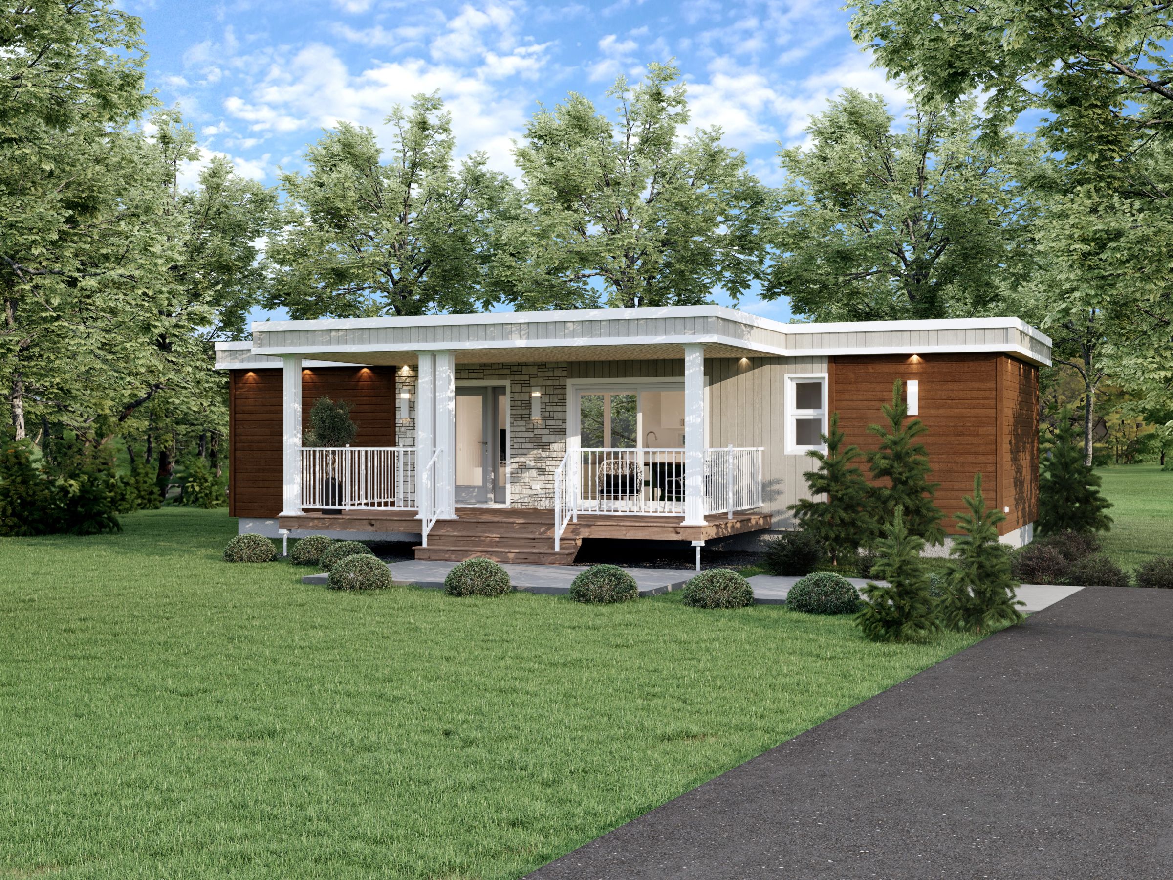 Le modèle Kercia est un plain-pied micro habitation de style contemporain. Vue de l'extérieur avant.