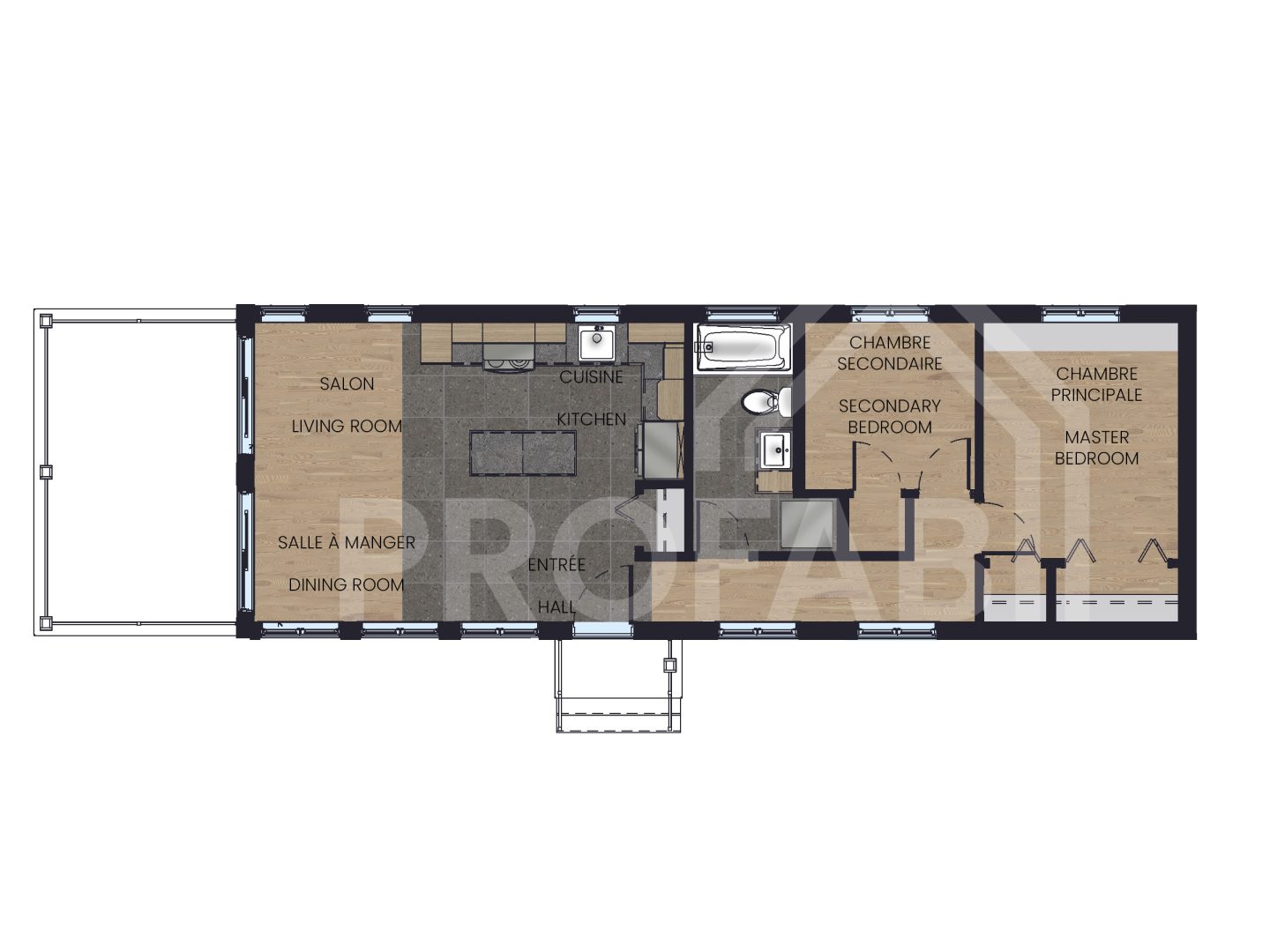 Le modèle Carya est un plain-pied micro habitation de style contemporain. Vue du plan 2D.