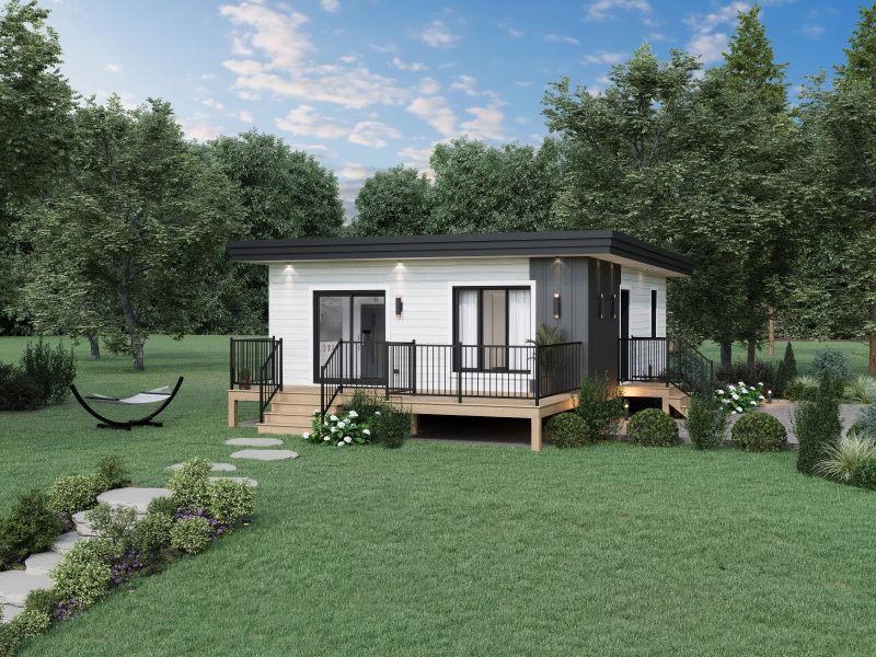 Le modèle Le Repaire est un plain-pied micro habitation de style contemporain. Vue de l'extérieur de devant.