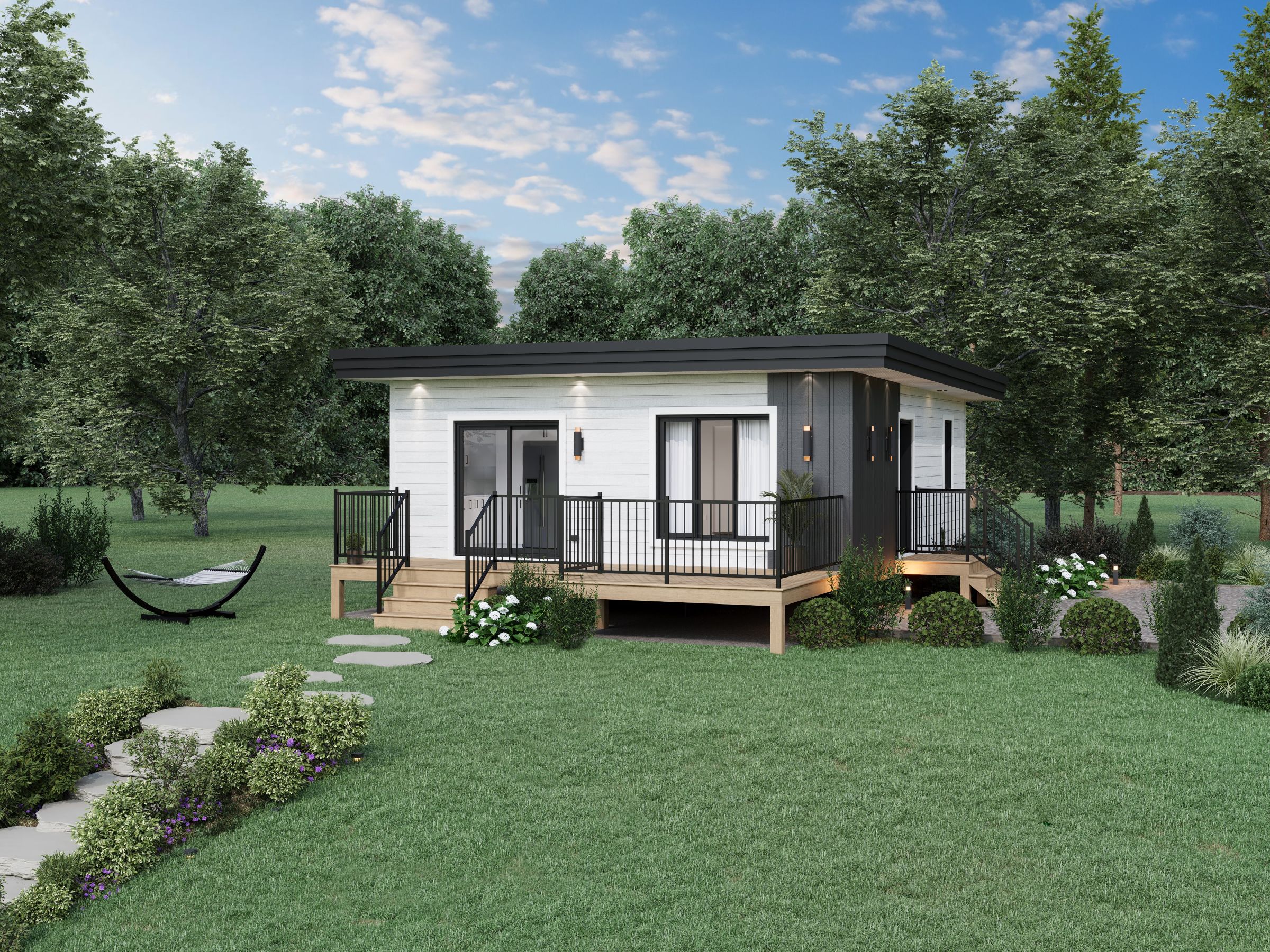 Le modèle Le Repaire est un plain-pied micro habitation de style contemporain. Vue de l'extérieur de devant.