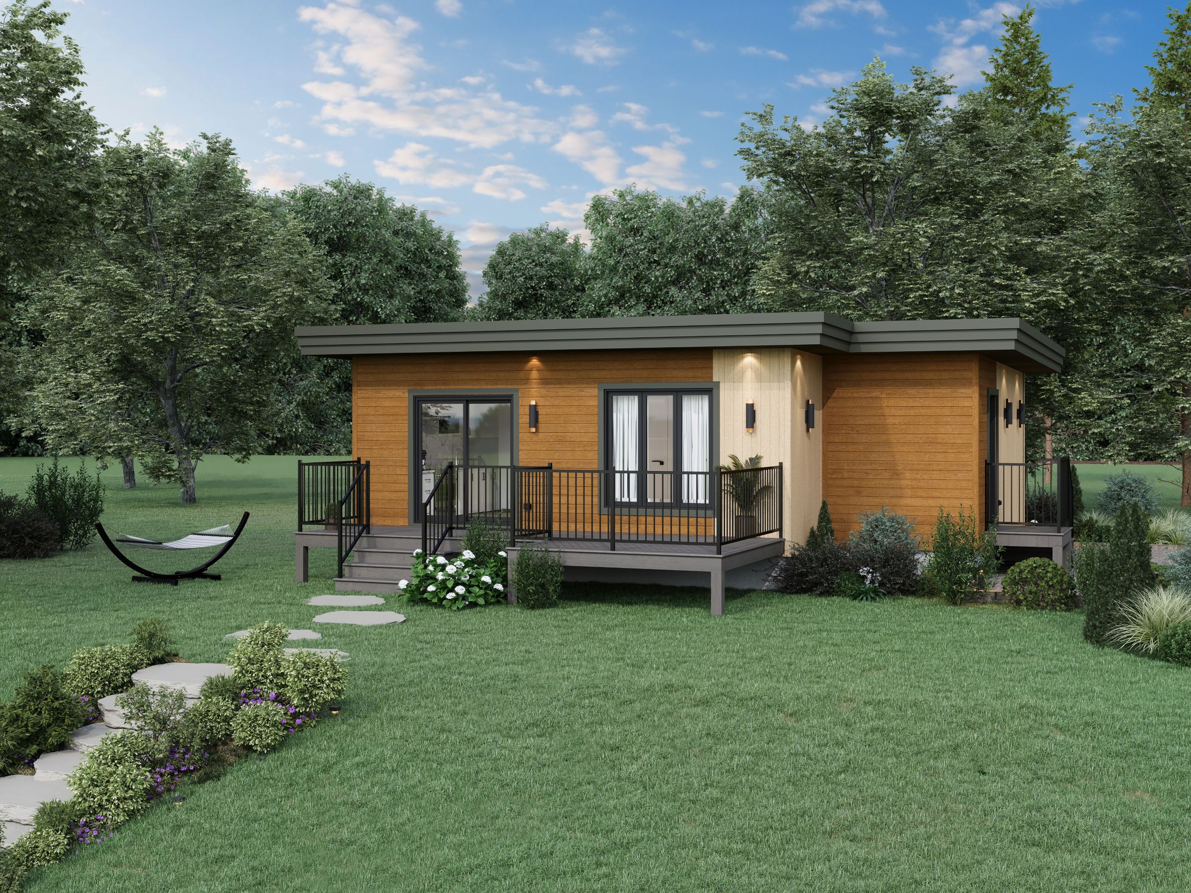 Le modèle Le Repaire est un plain-pied micro habitation de style contemporain. Vue de l'extérieur de devant.