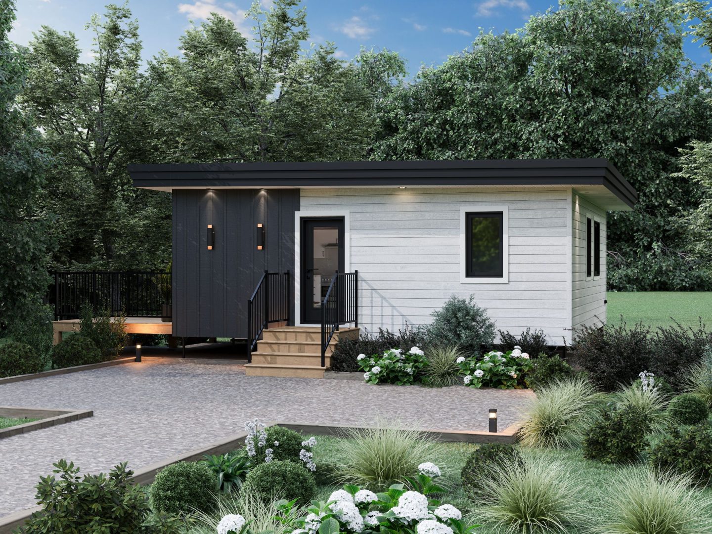 Le modèle Le Repaire est un plain-pied micro habitation de style contemporain. Vue de l'extérieur derrière.