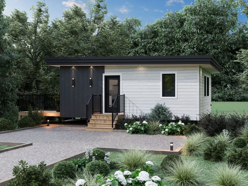 Le modèle Le Repaire est un plain-pied micro habitation de style contemporain. Vue de l'extérieur derrière.