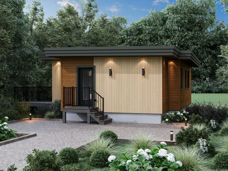 Le modèle Le Repaire est un plain-pied micro habitation de style contemporain. Vue de l'extérieur derrière.