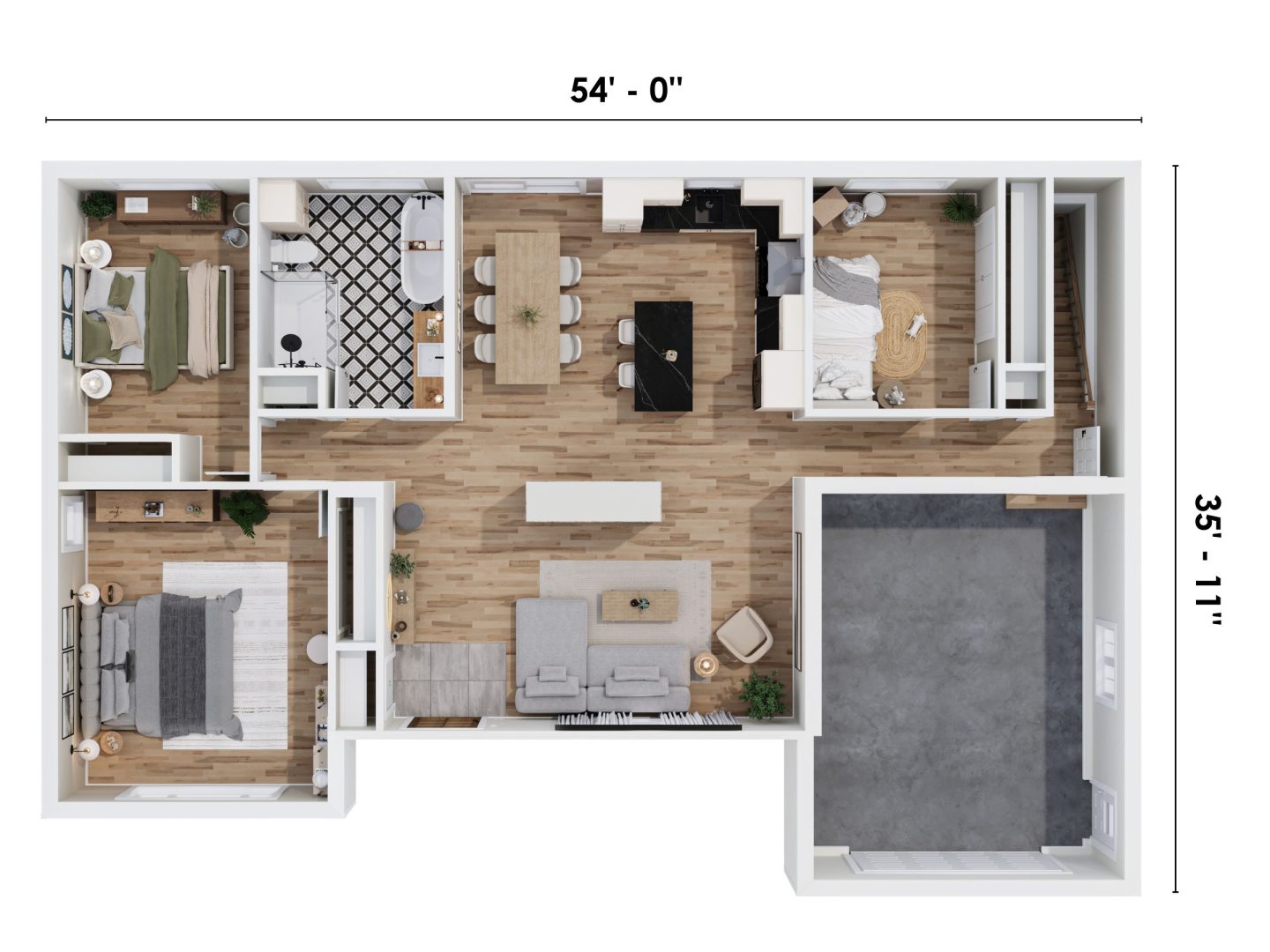 Le modèle Campagnarde est un plain-pied de style champêtre. Vue du plan 3D.