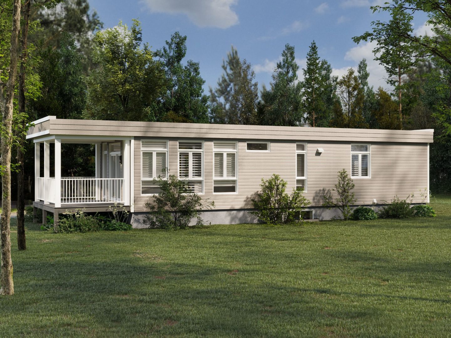 Le modèle Hevea est un plain-pied micro habitation de style contemporain. Vue de l'extérieur arrière.