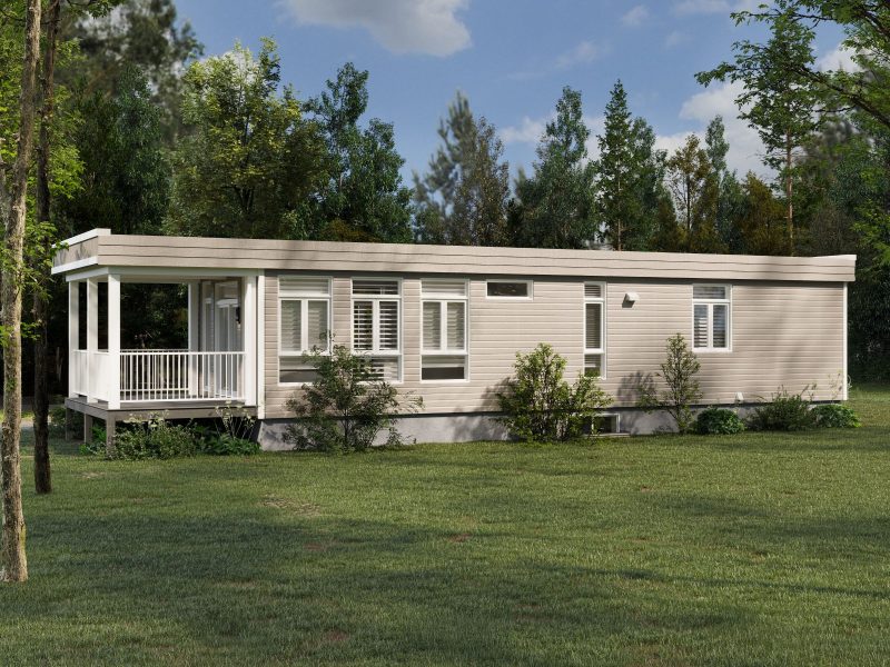 Le modèle Hevea est un plain-pied micro habitation de style contemporain. Vue de l'extérieur arrière.