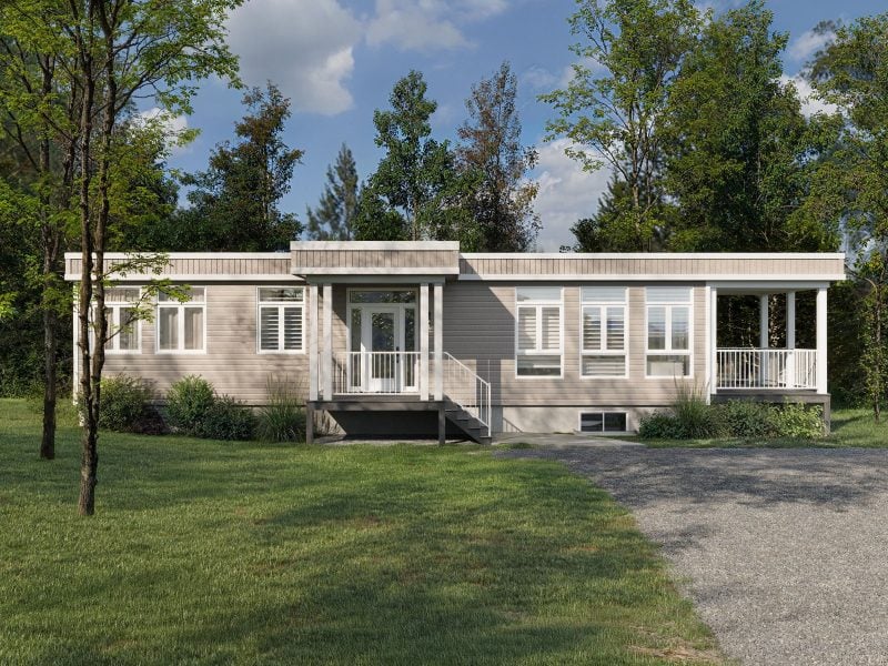 Le modèle Hevea est un plain-pied micro habitation de style contemporain. Vue de l'extérieur avant.